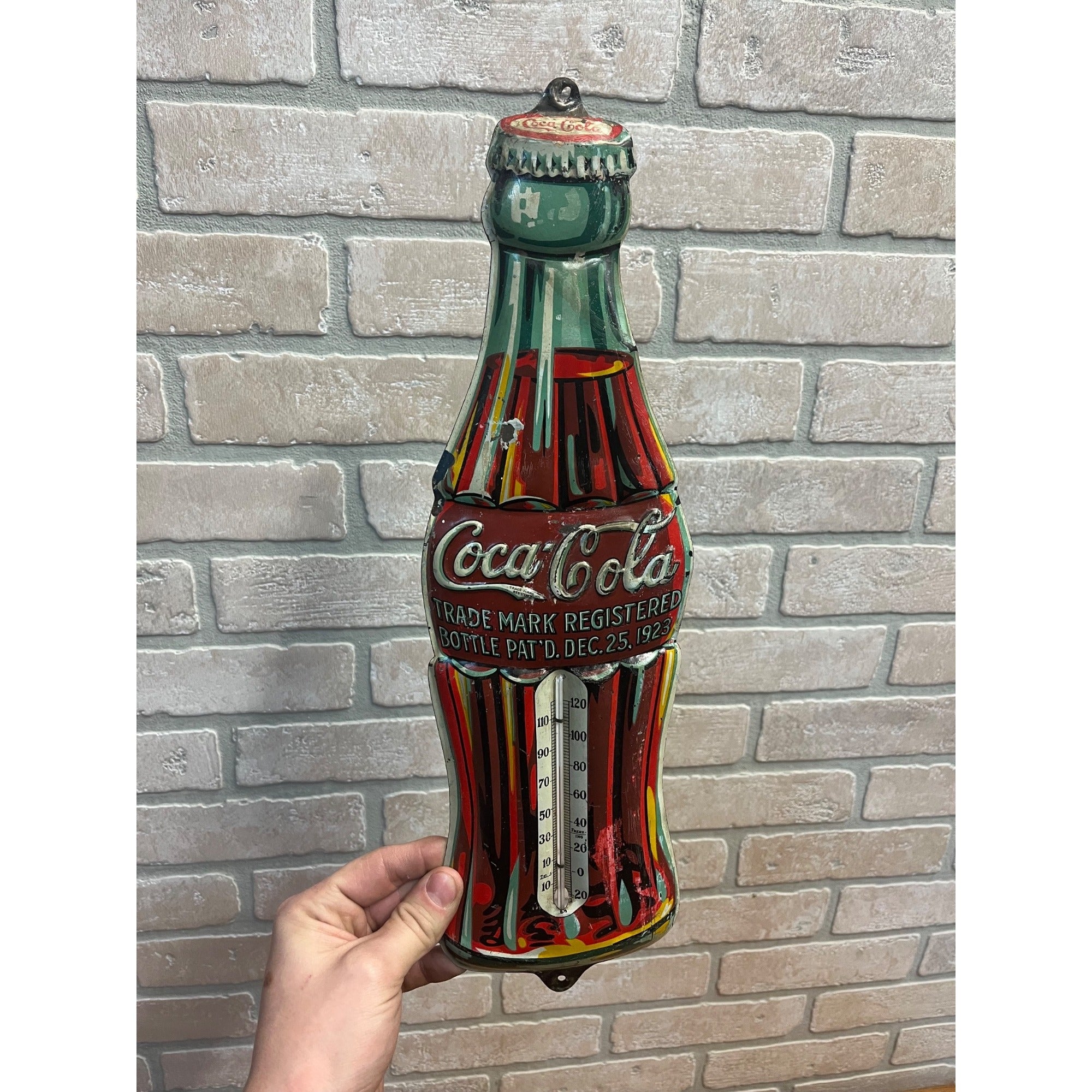 Vintage 1923 Coca-Cola Christmas Bottle Therm Tin Advertising Sign