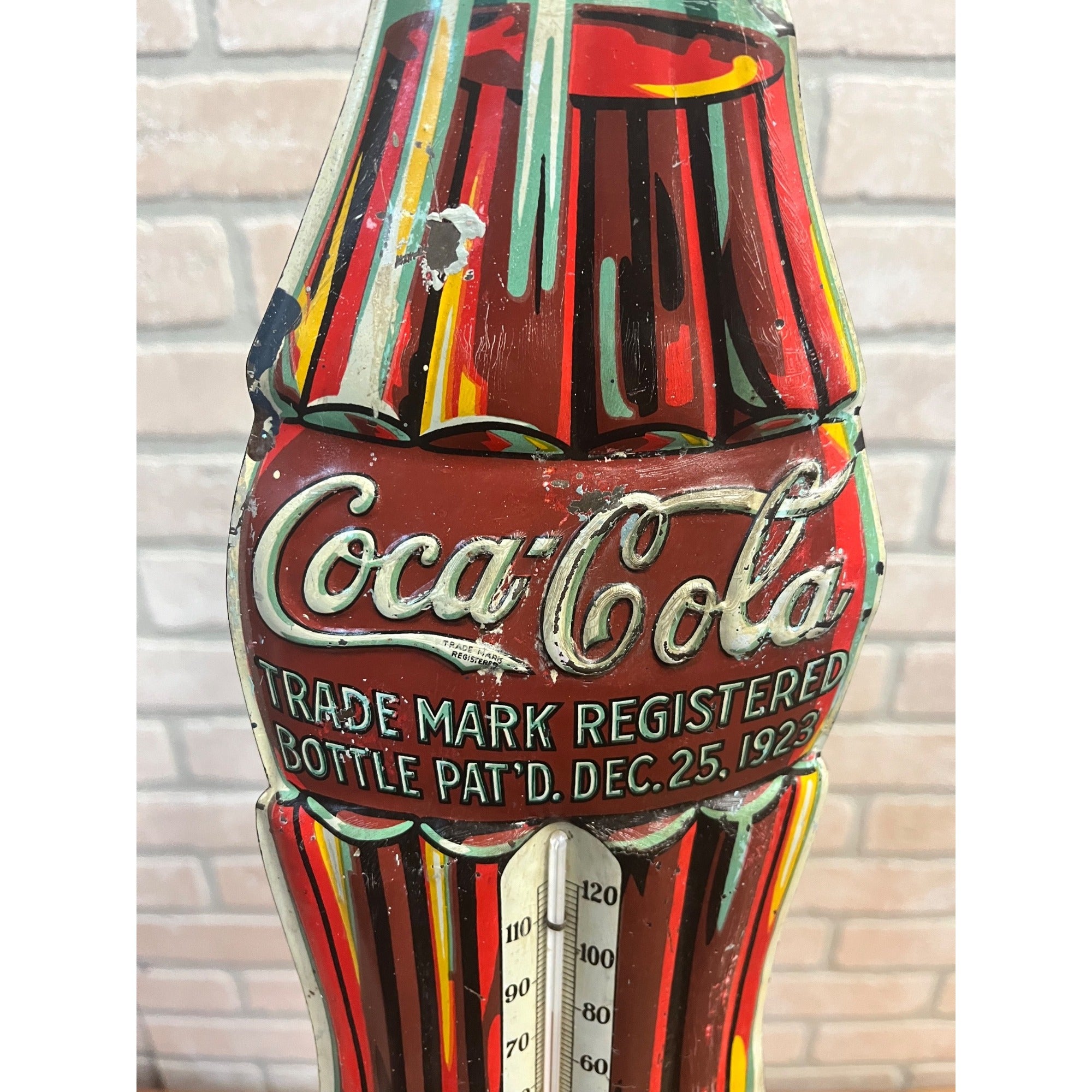 Vintage 1923 Coca-Cola Christmas Bottle Therm Tin Advertising Sign