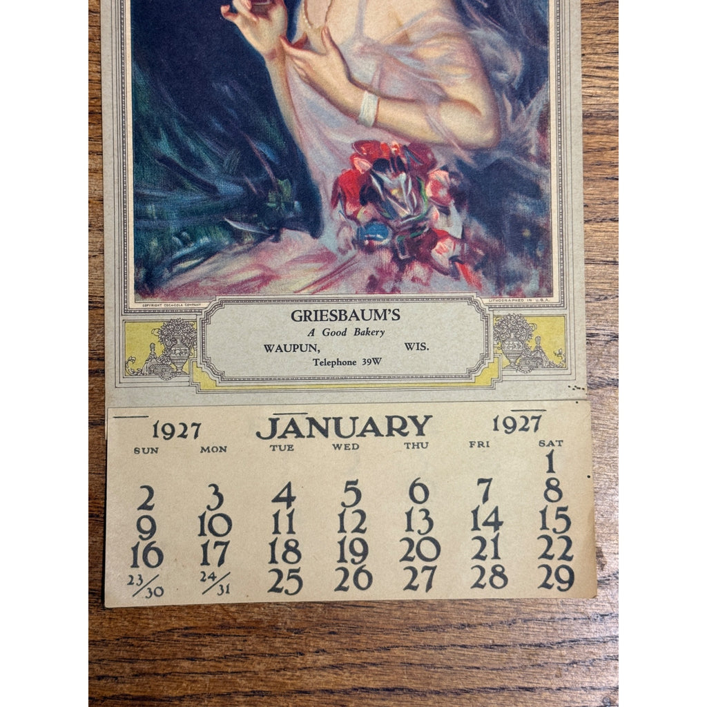 Original Vintage 1927 Coca Cola Calendar Advertising Sign Girl Waupun Wis MINT