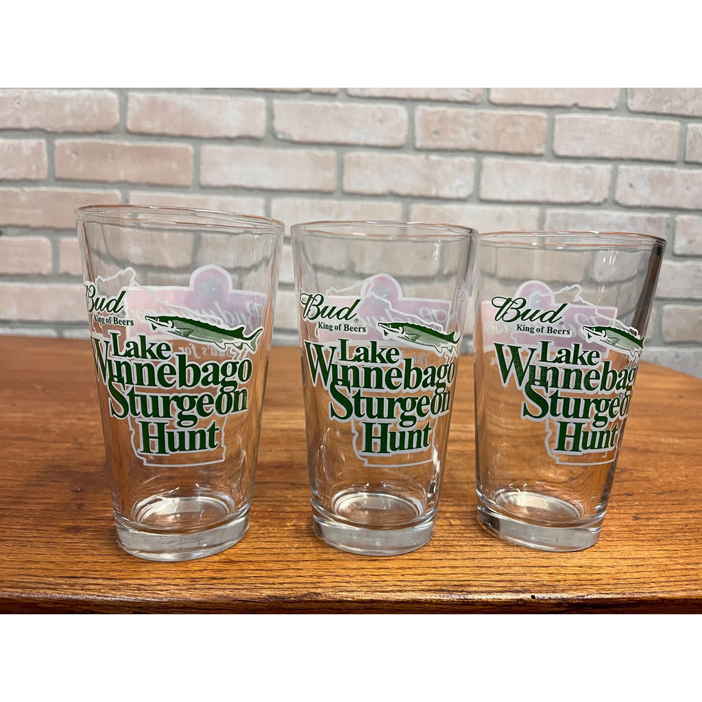 Budweiser Beer Bar Glasses Lot (3) Lake Winnebago Sturgeon Hunt Spearing Fishing