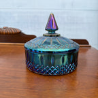 VTG Indiana Glass Princess Iridescent Blue Carnival Glass Candy Dish W/ Lid