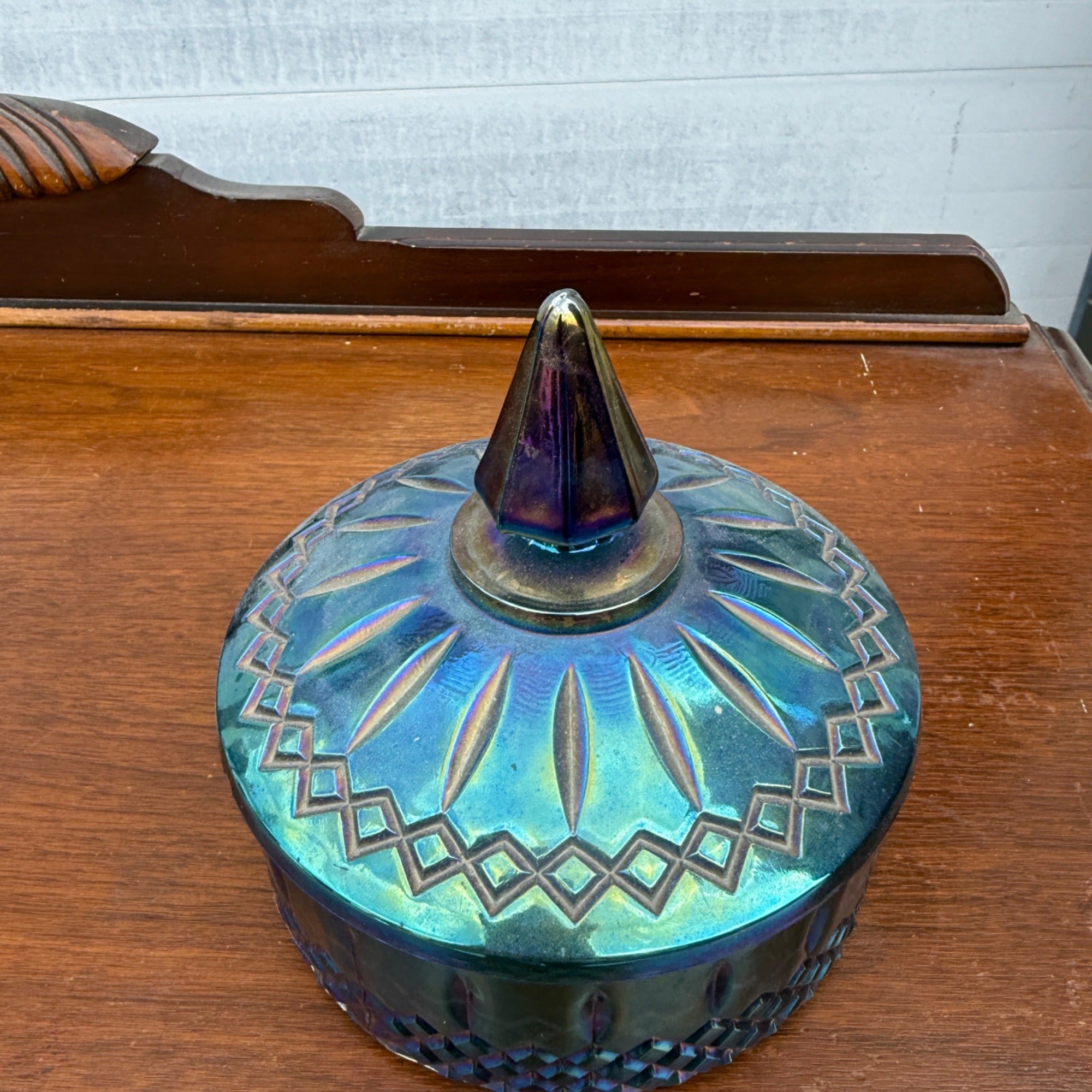 VTG Indiana Glass Princess Iridescent Blue Carnival Glass Candy Dish W/ Lid