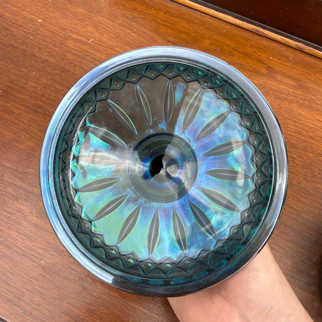 VTG Indiana Glass Princess Iridescent Blue Carnival Glass Candy Dish W/ Lid