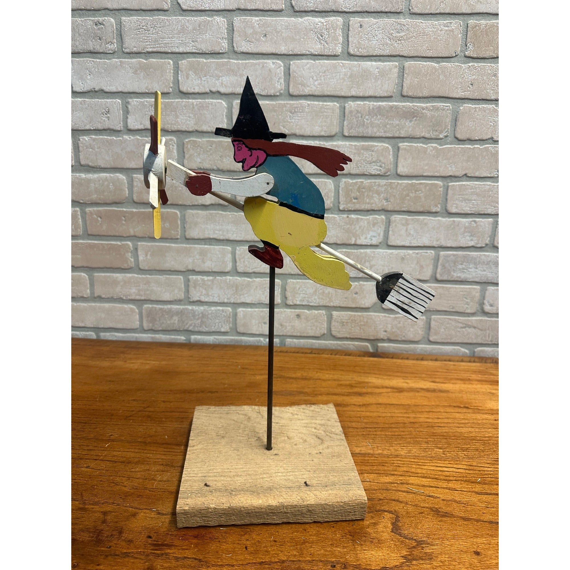 Original Vintage Halloween Flying Witch Fence Wooden Whirligig Folk Art