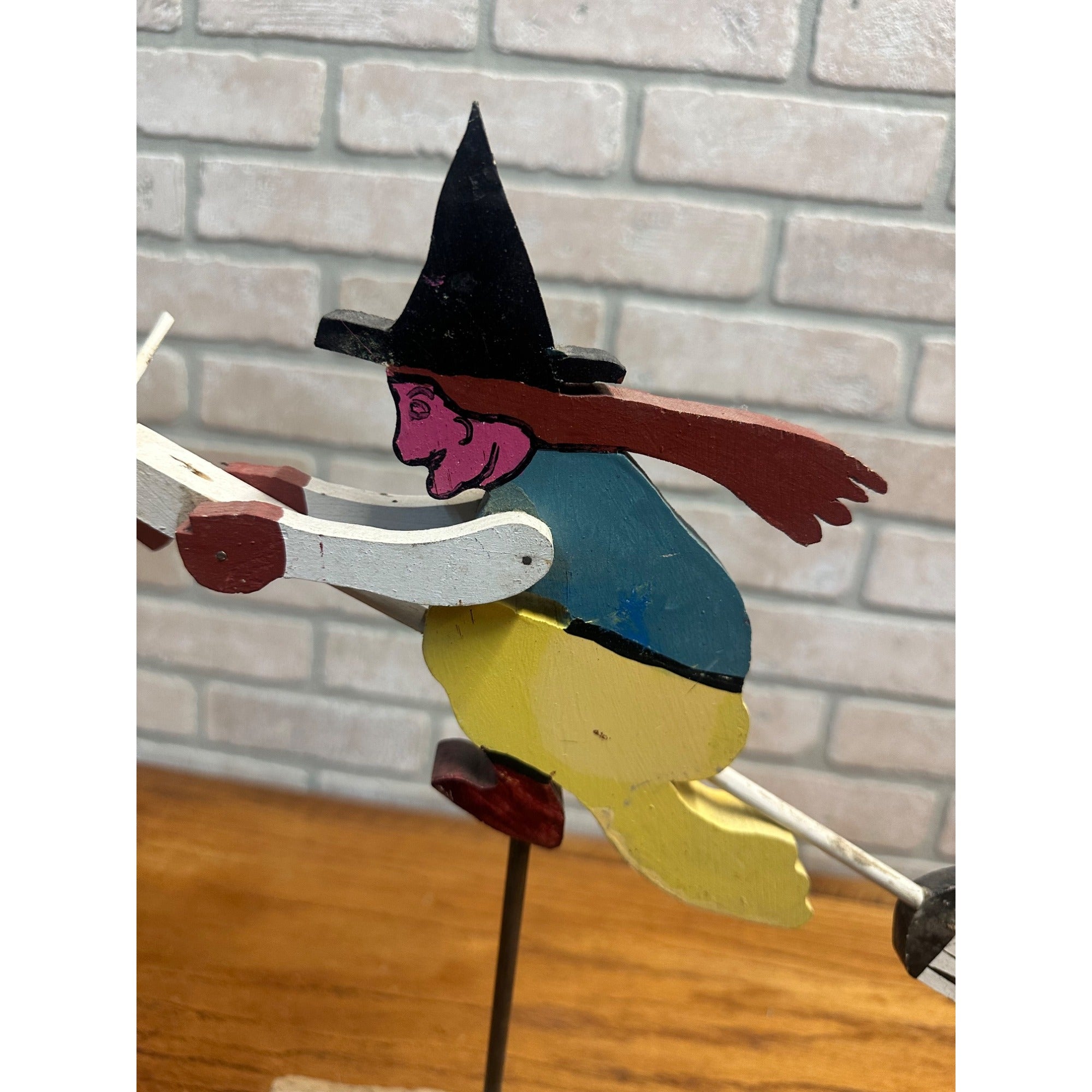 Original Vintage Halloween Flying Witch Fence Wooden Whirligig Folk Art