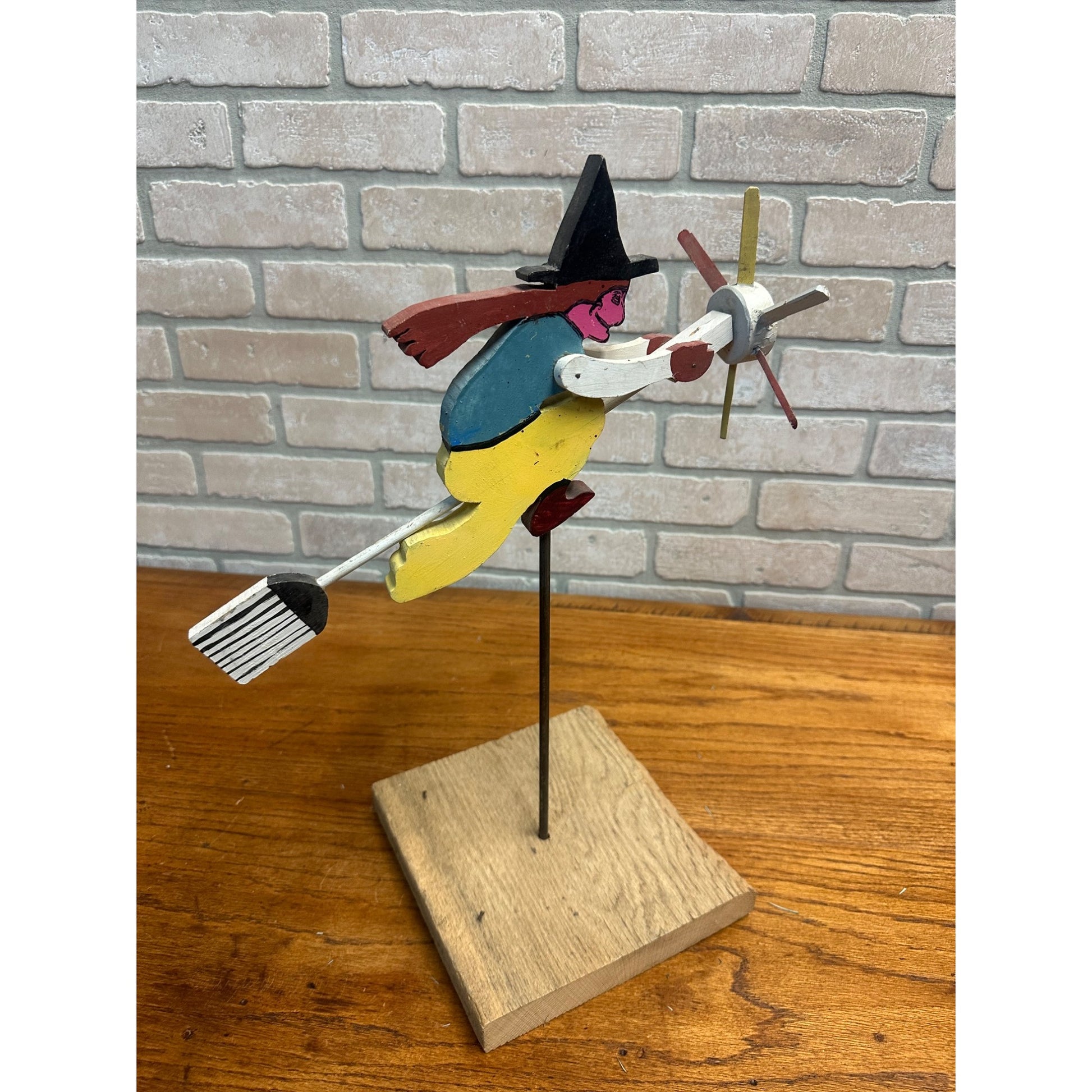 Original Vintage Halloween Flying Witch Fence Wooden Whirligig Folk Art