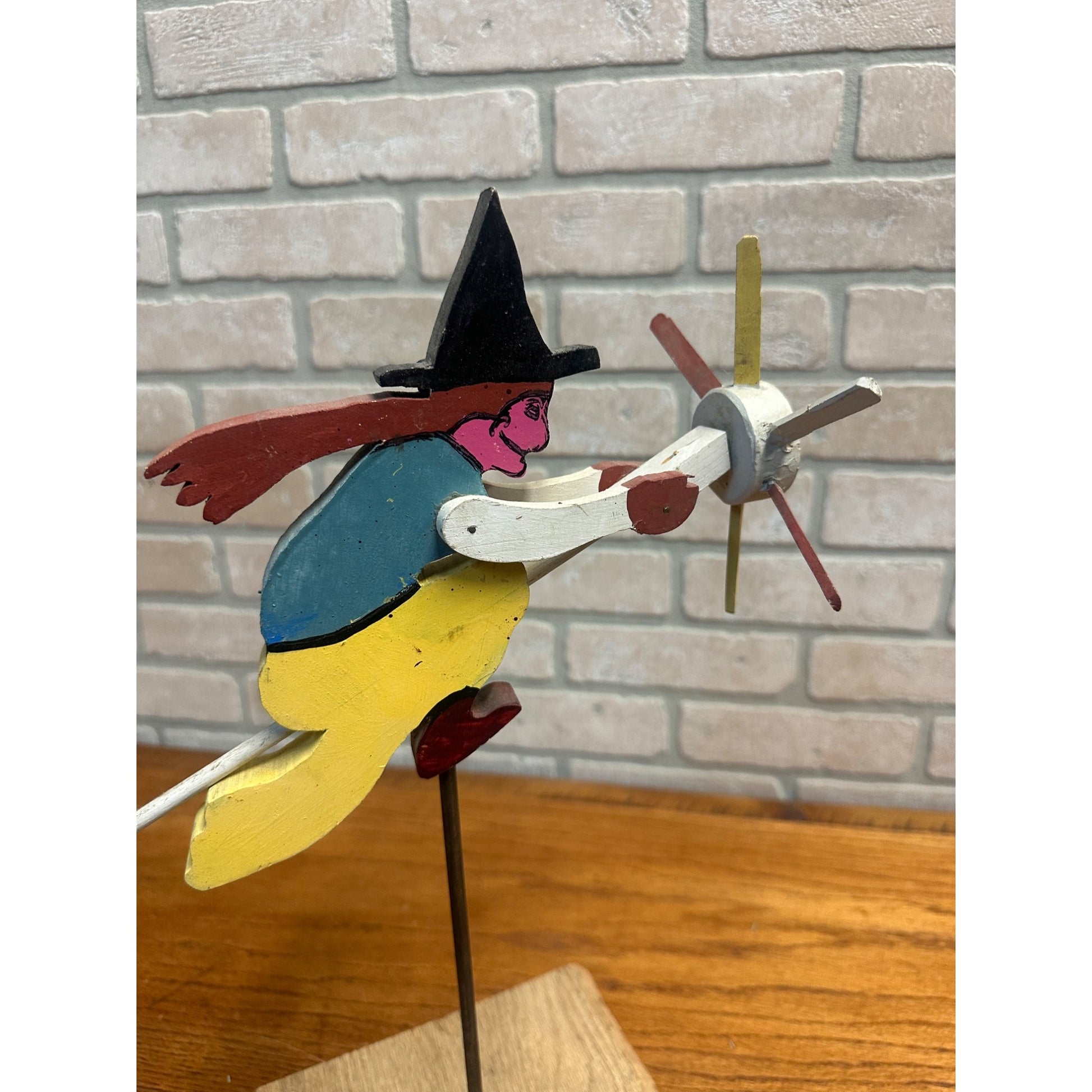 Original Vintage Halloween Flying Witch Fence Wooden Whirligig Folk Art