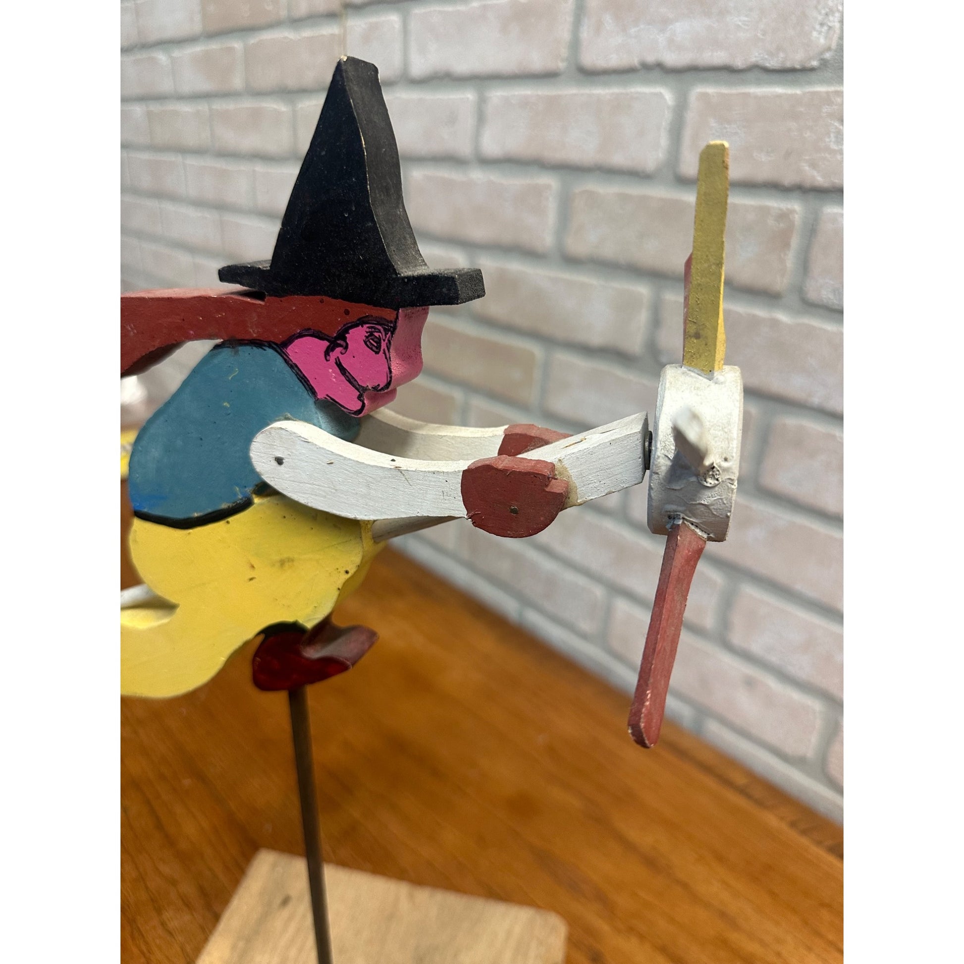 Original Vintage Halloween Flying Witch Fence Wooden Whirligig Folk Art