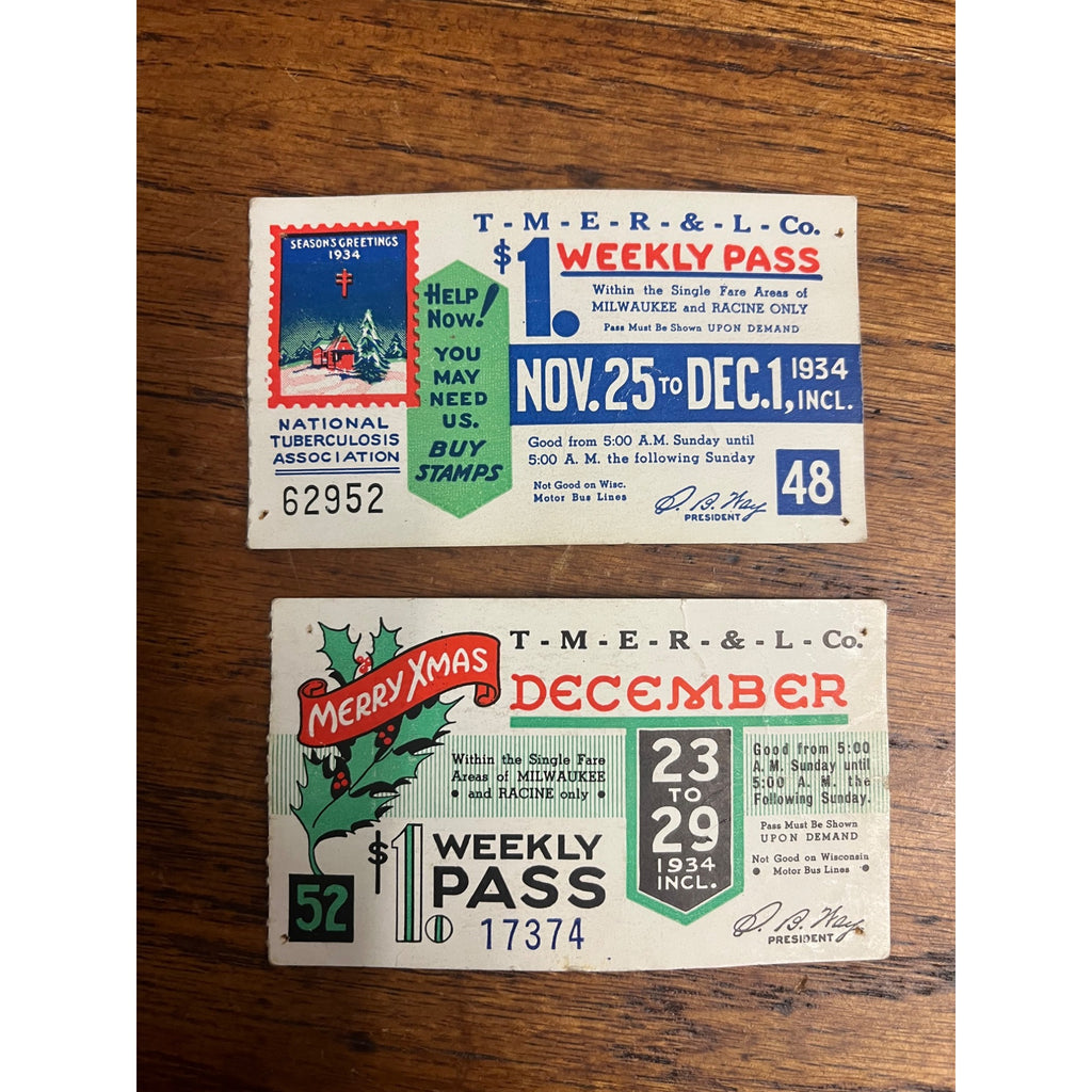 1934 Milwaukee Electric Railway & Light Co. Transporation Tickets Christmas