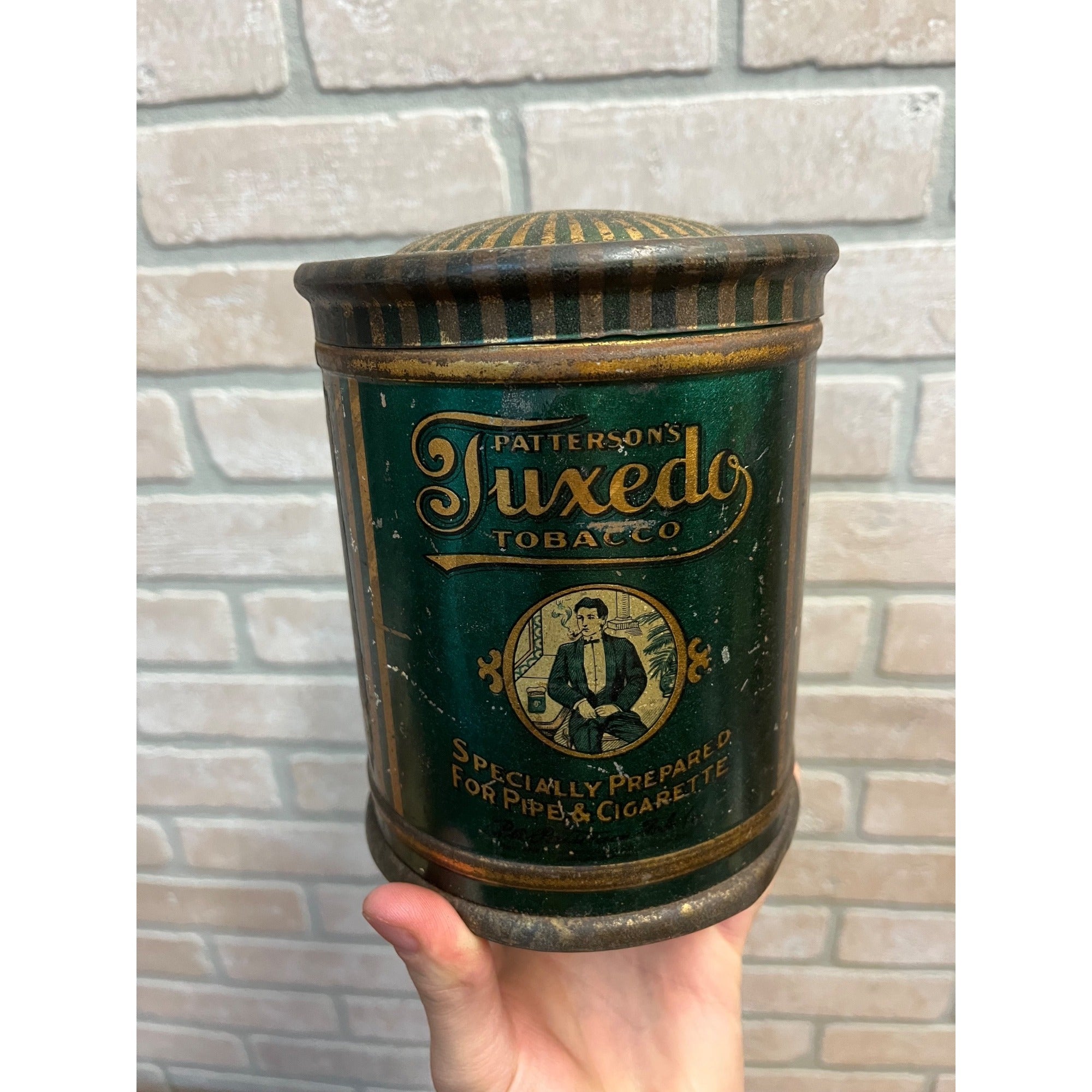 Antique Advertising Tuxedo Round Dome Top Canister Tobacco Tin Empty Vintage