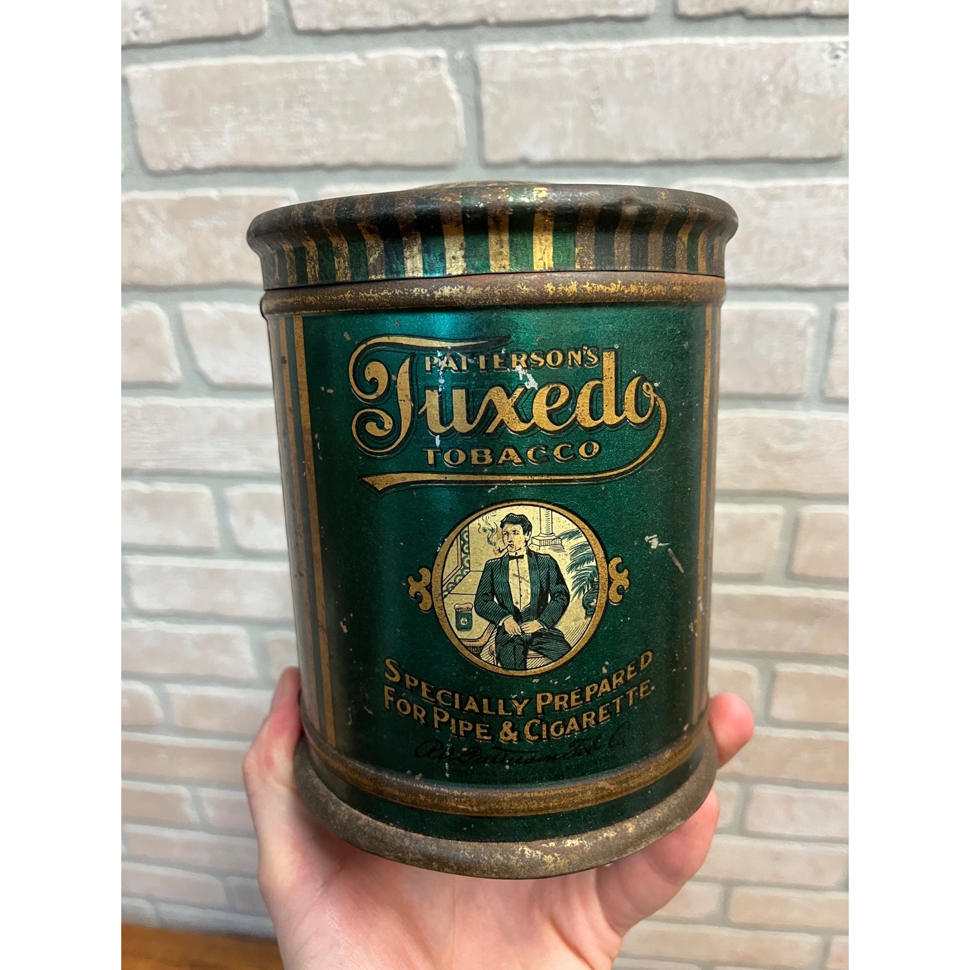 Antique Advertising Tuxedo Round Dome Top Canister Tobacco Tin Empty Vintage