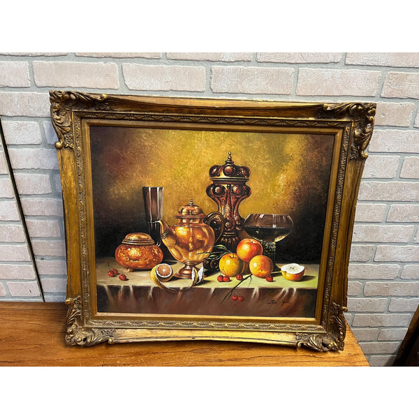 Vintage Original Oil on Canvas Still Life Fruit Copper Tea Pot Signed Framed Painting Mid-Century