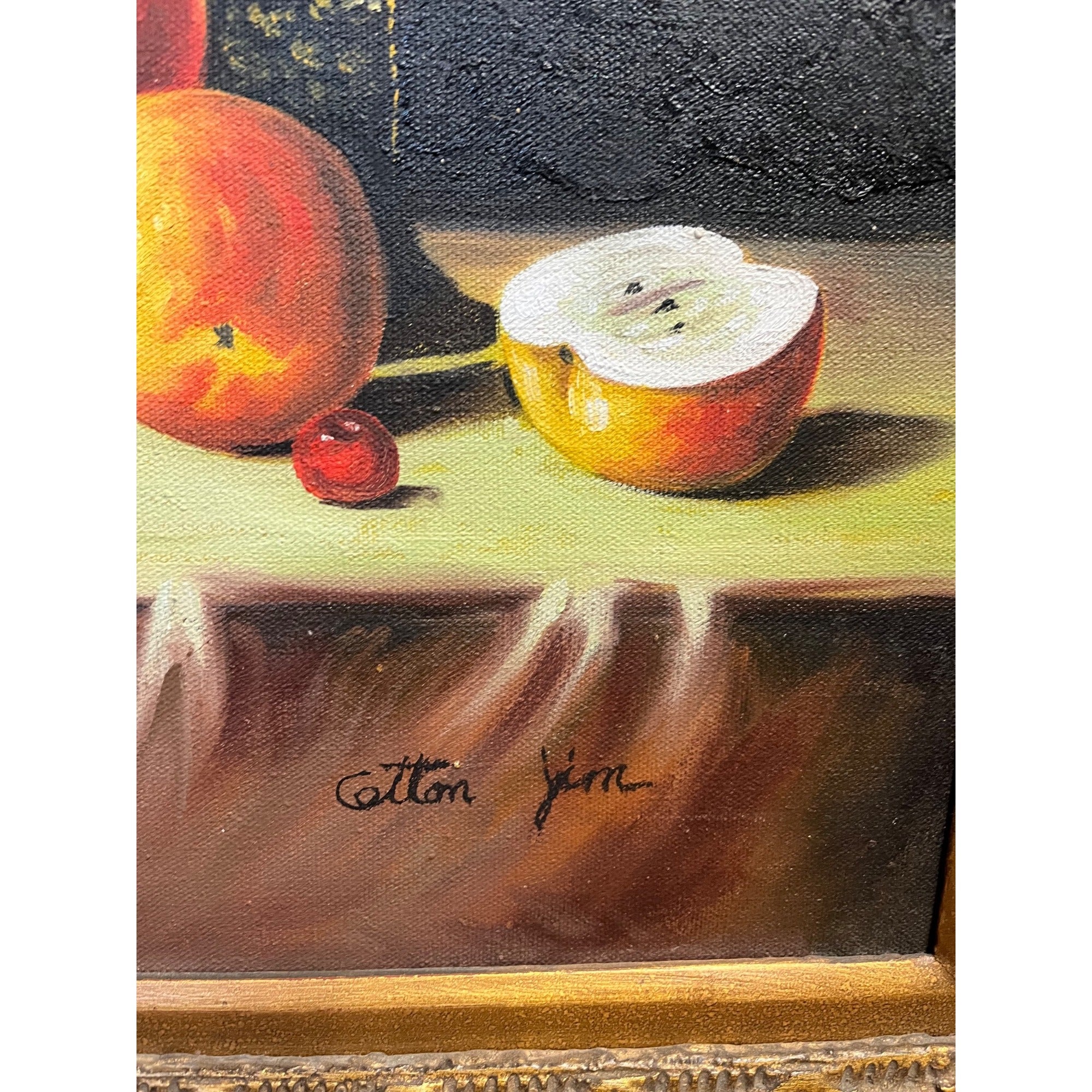 Vintage Original Oil on Canvas Still Life Fruit Copper Tea Pot Signed Framed Painting Mid-Century
