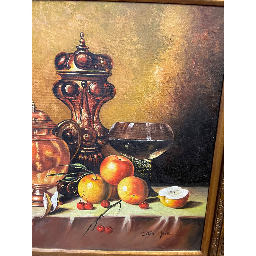 Vintage Original Oil on Canvas Still Life Fruit Copper Tea Pot Signed Framed Painting Mid-Century