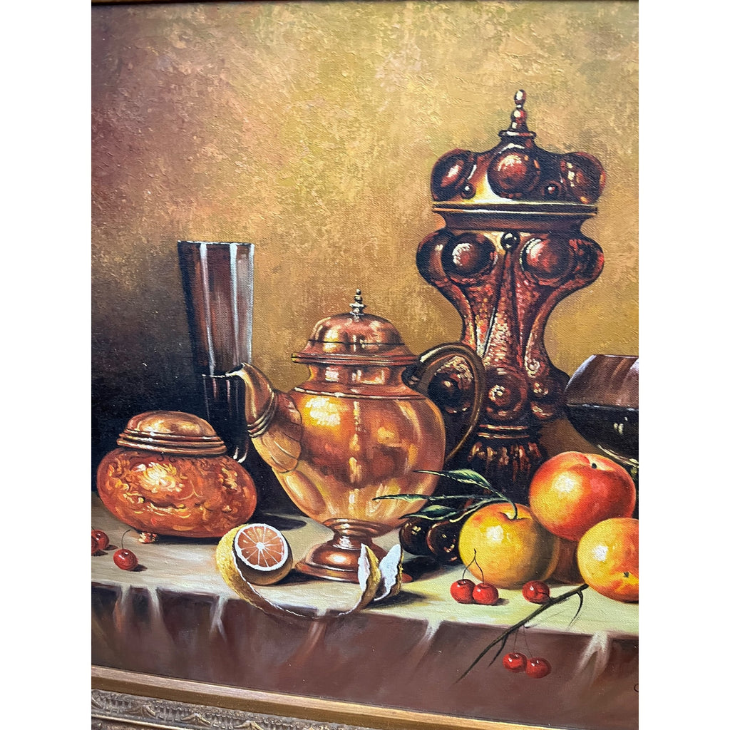 Vintage Original Oil on Canvas Still Life Fruit Copper Tea Pot Signed Framed Painting Mid-Century