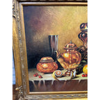 Vintage Original Oil on Canvas Still Life Fruit Copper Tea Pot Signed Framed Painting Mid-Century