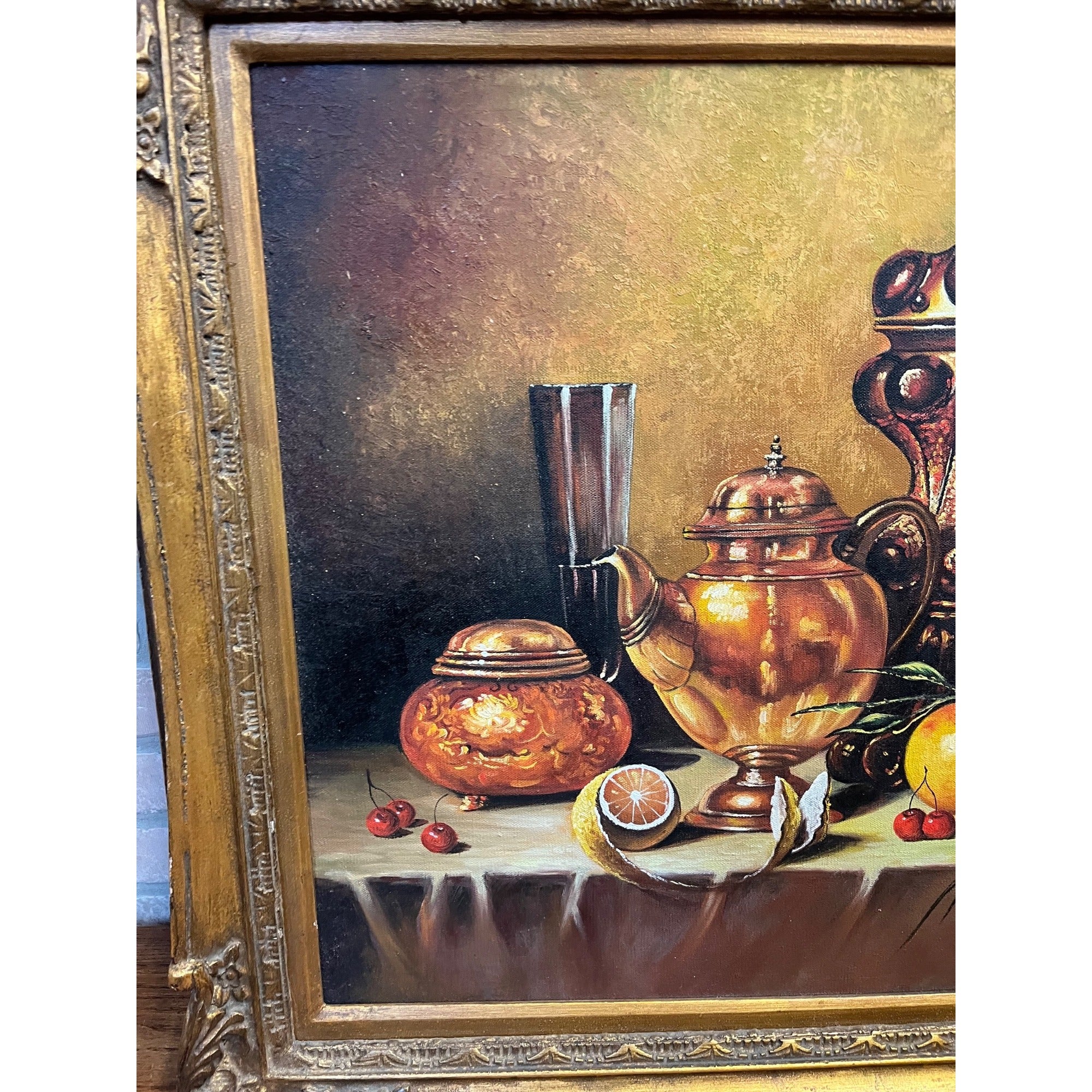 Vintage Original Oil on Canvas Still Life Fruit Copper Tea Pot Signed Framed Painting Mid-Century