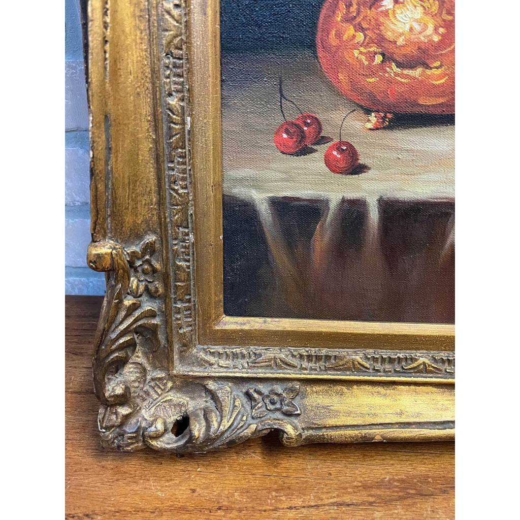 Vintage Original Oil on Canvas Still Life Fruit Copper Tea Pot Signed Framed Painting Mid-Century