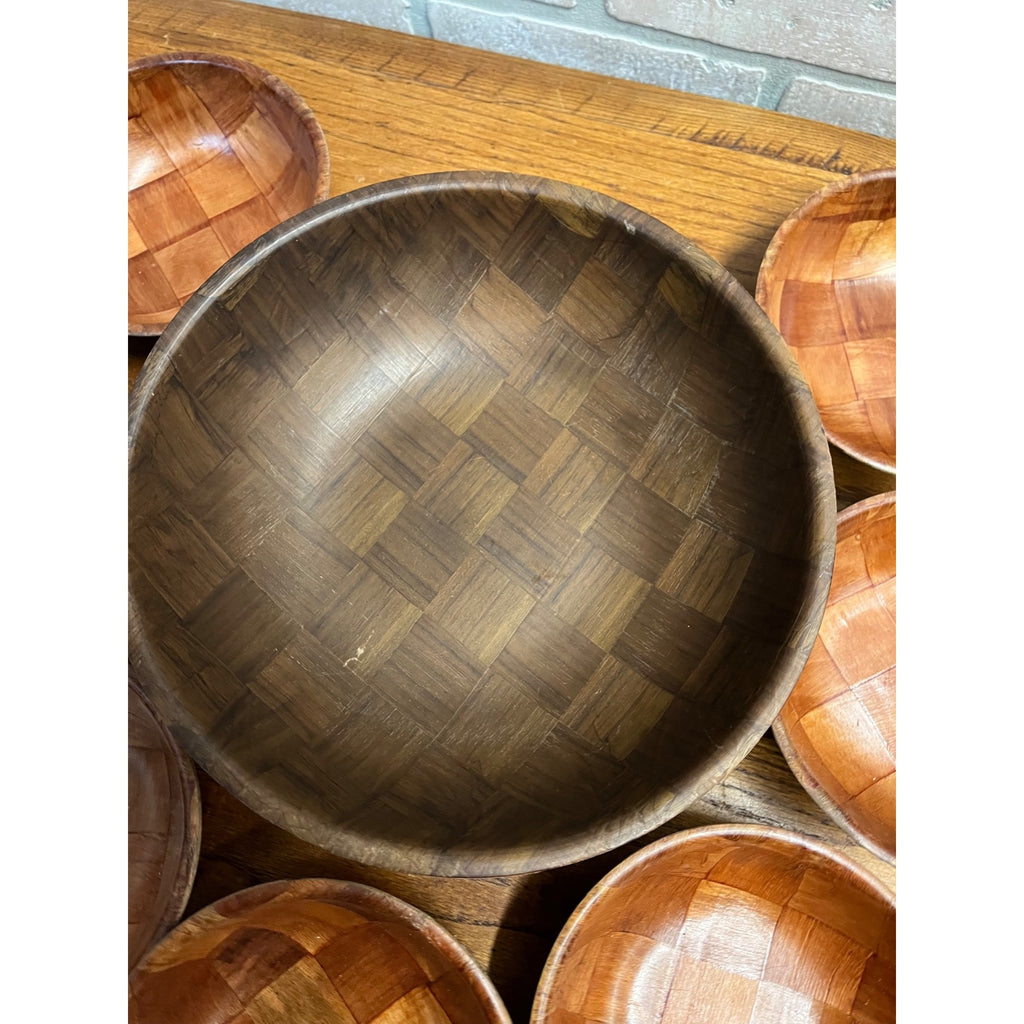 Vintage MCM Woven Basket Weave Wooden Salad Bowl Serving 8pc Set