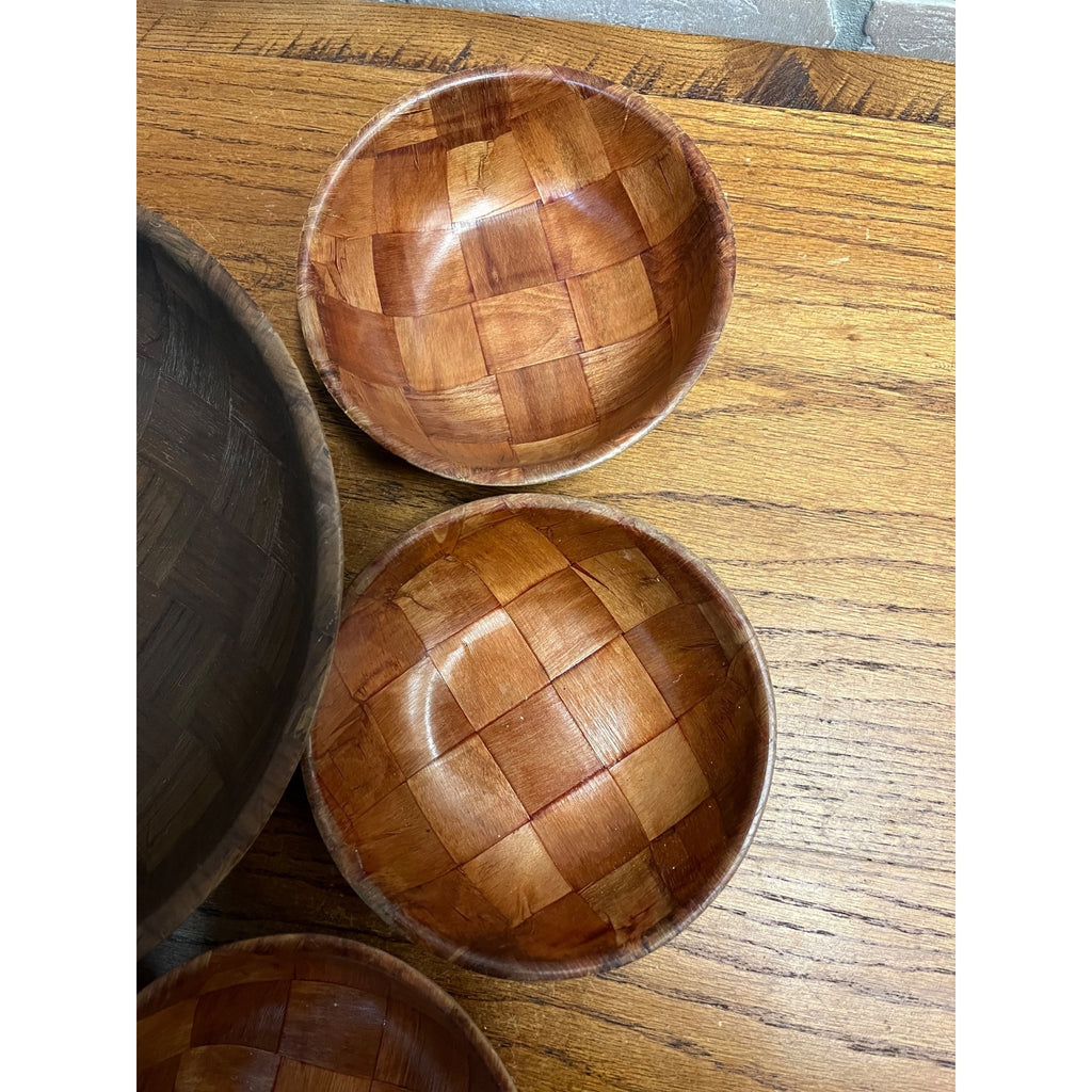 Vintage MCM Woven Basket Weave Wooden Salad Bowl Serving 8pc Set