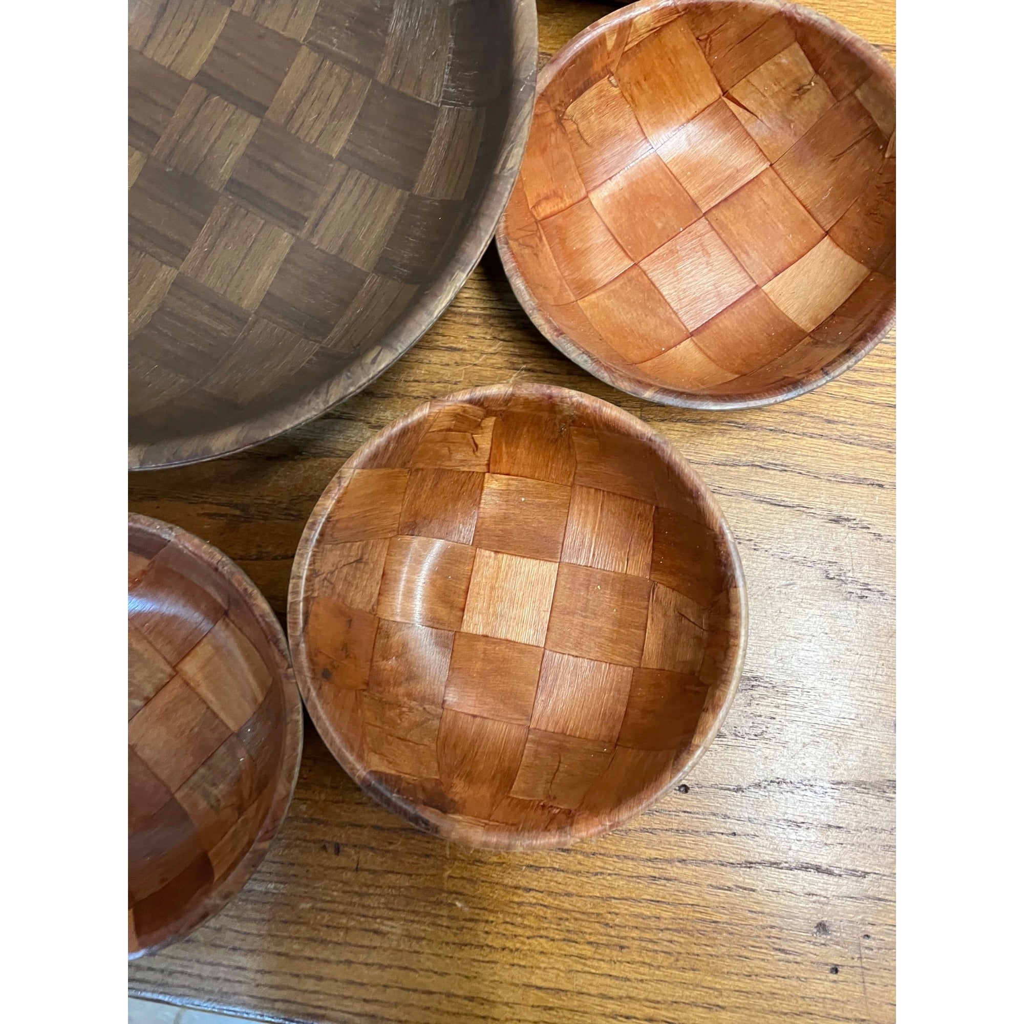 Vintage MCM Woven Basket Weave Wooden Salad Bowl Serving 8pc Set
