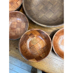 Vintage MCM Woven Basket Weave Wooden Salad Bowl Serving 8pc Set