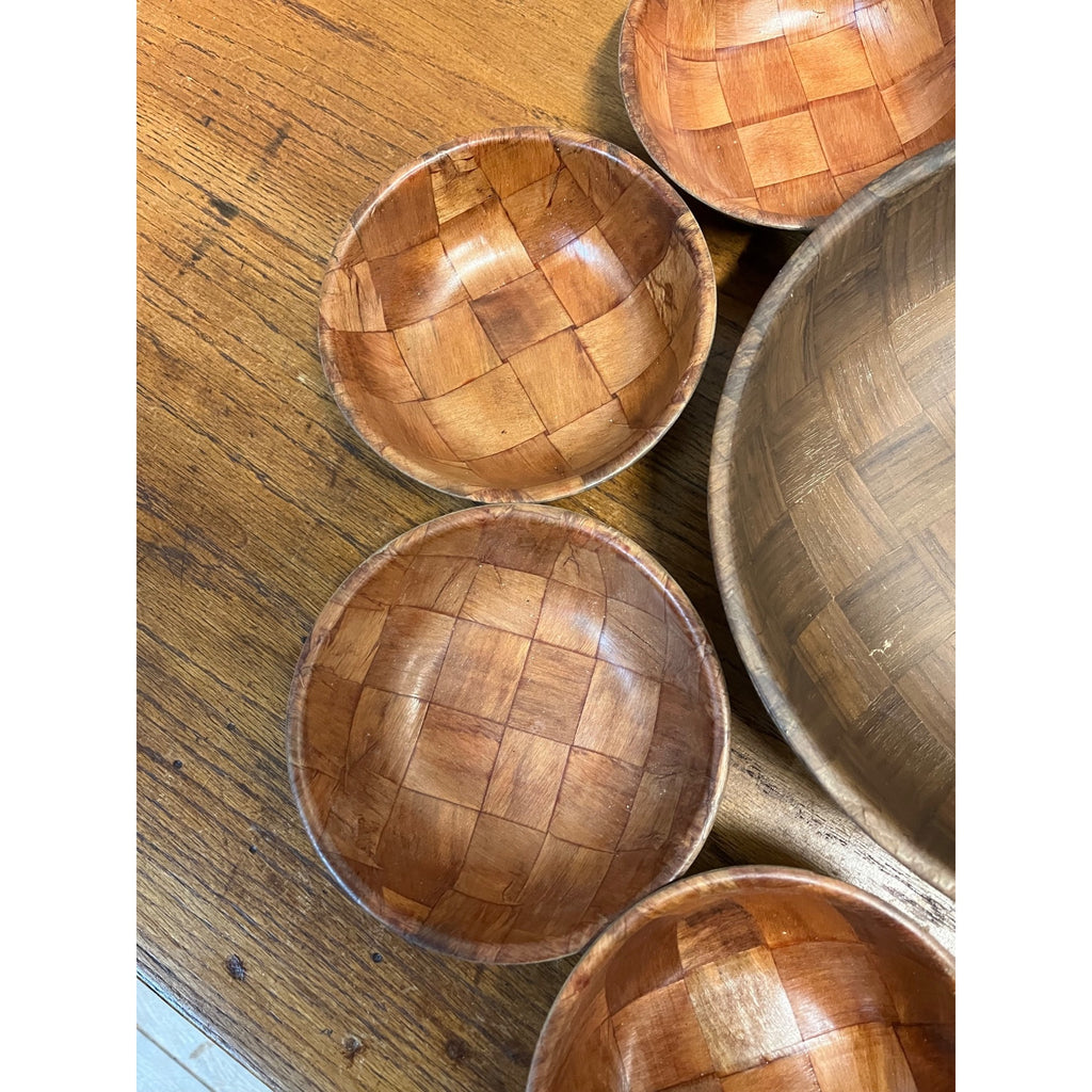 Vintage MCM Woven Basket Weave Wooden Salad Bowl Serving 8pc Set