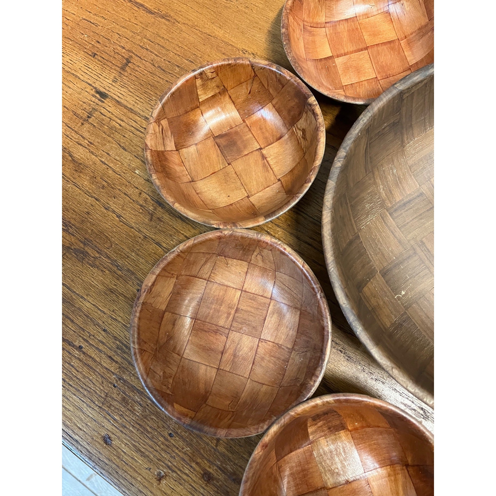 Vintage MCM Woven Basket Weave Wooden Salad Bowl Serving 8pc Set