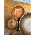 Vintage MCM Woven Basket Weave Wooden Salad Bowl Serving 8pc Set