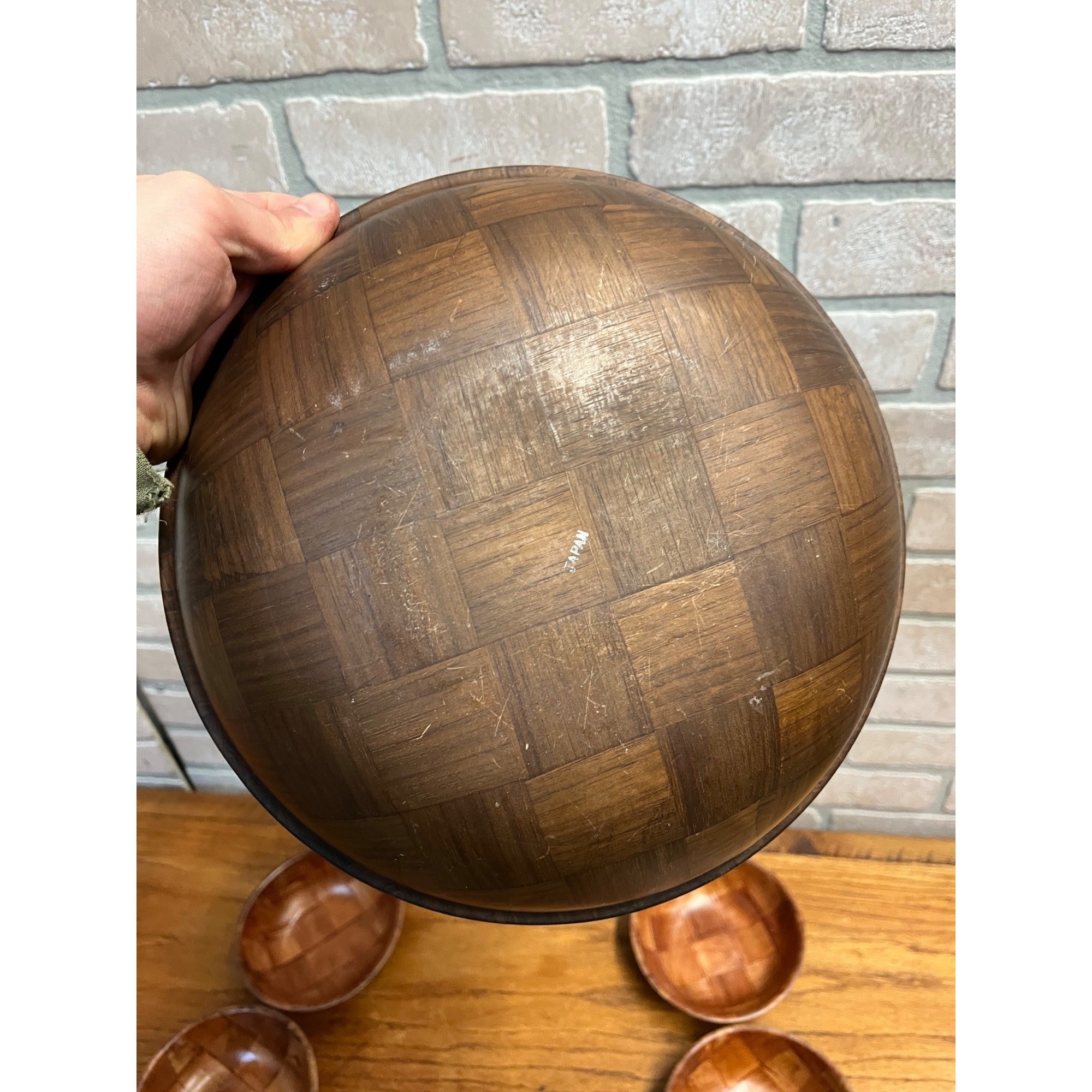 Vintage MCM Woven Basket Weave Wooden Salad Bowl Serving 8pc Set