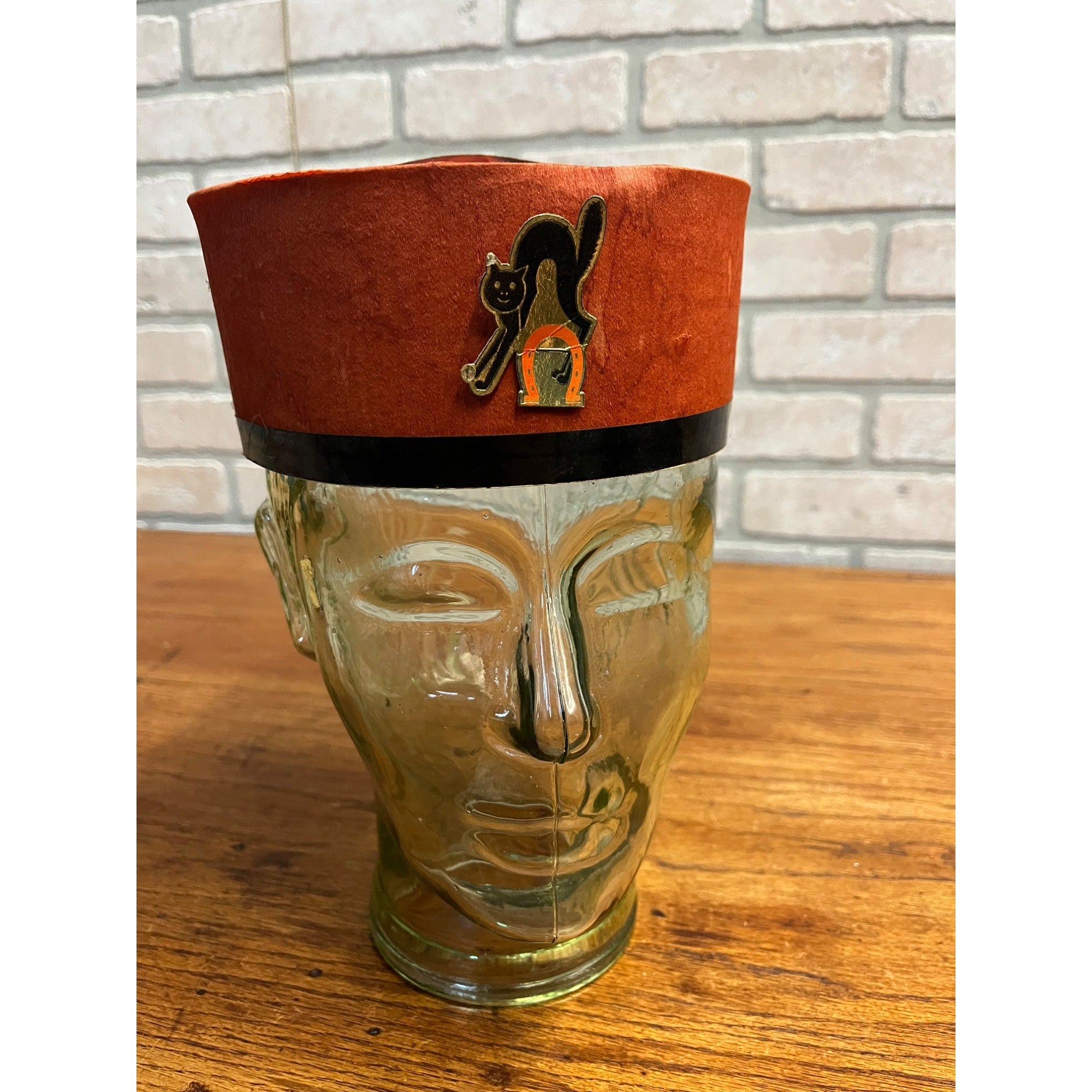 Vintage 1940s Halloween Orange Tissue Paper Party Hat w/ Black Cat Tag