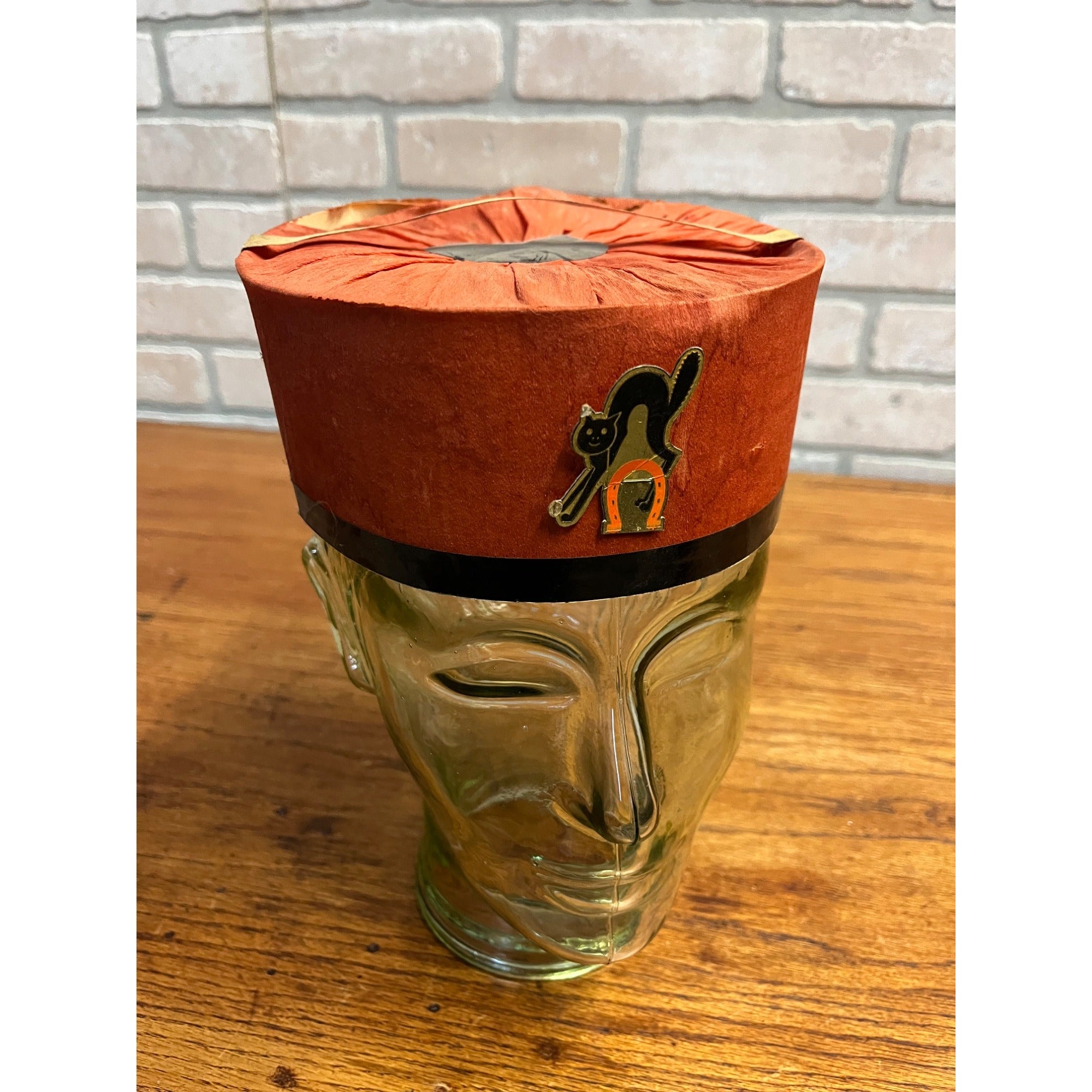 Vintage 1940s Halloween Orange Tissue Paper Party Hat w/ Black Cat Tag