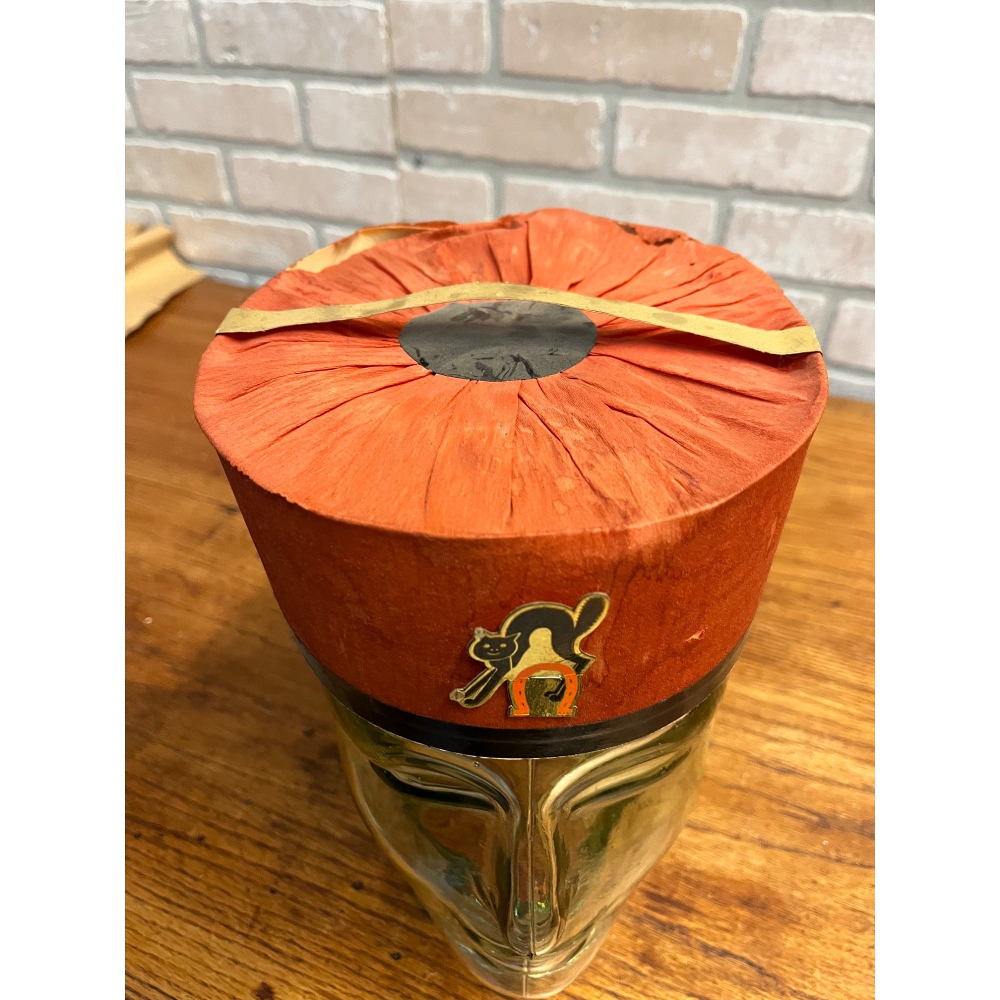 Vintage 1940s Halloween Orange Tissue Paper Party Hat w/ Black Cat Tag