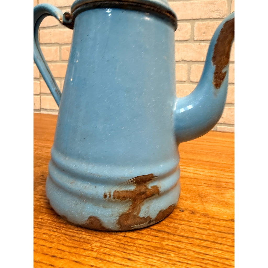 Antique Primitive Farmhouse Enamelware Blue Coffee Pot 10" White Speckled As-Is
