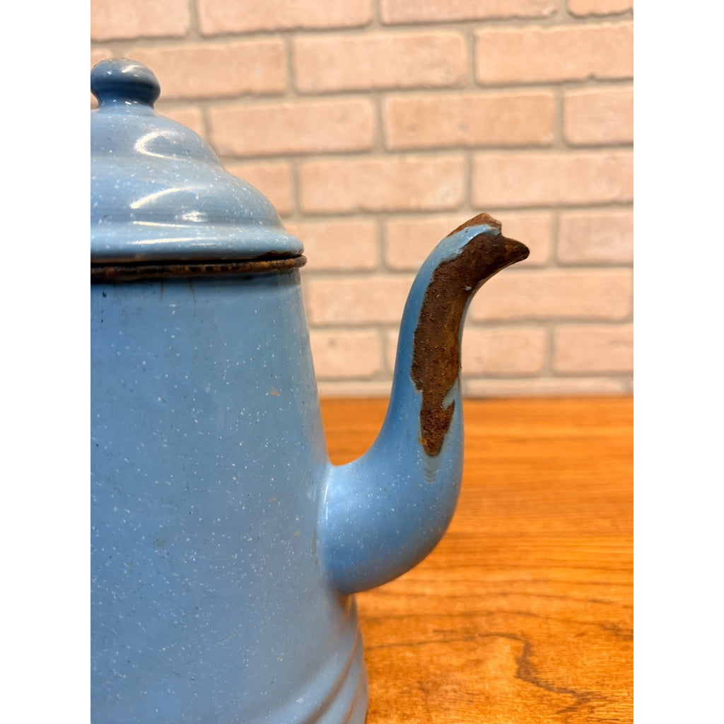 Antique Primitive Farmhouse Enamelware Blue Coffee Pot 10" White Speckled As-Is