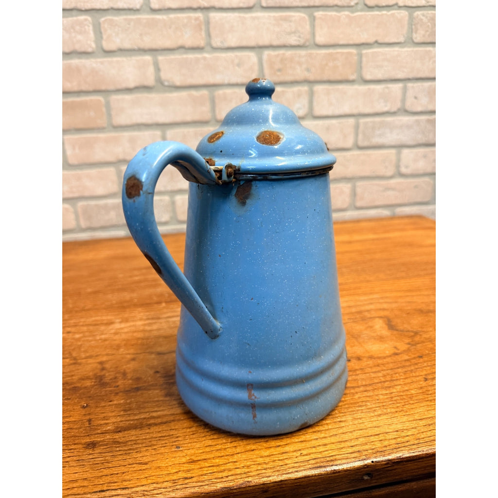 Antique Primitive Farmhouse Enamelware Blue Coffee Pot 10" White Speckled As-Is