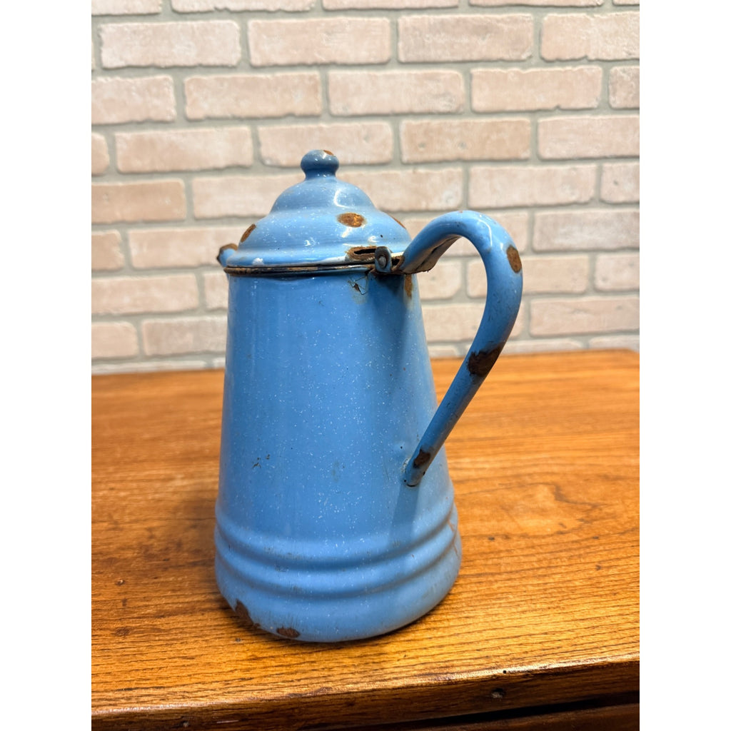 Antique Primitive Farmhouse Enamelware Blue Coffee Pot 10" White Speckled As-Is