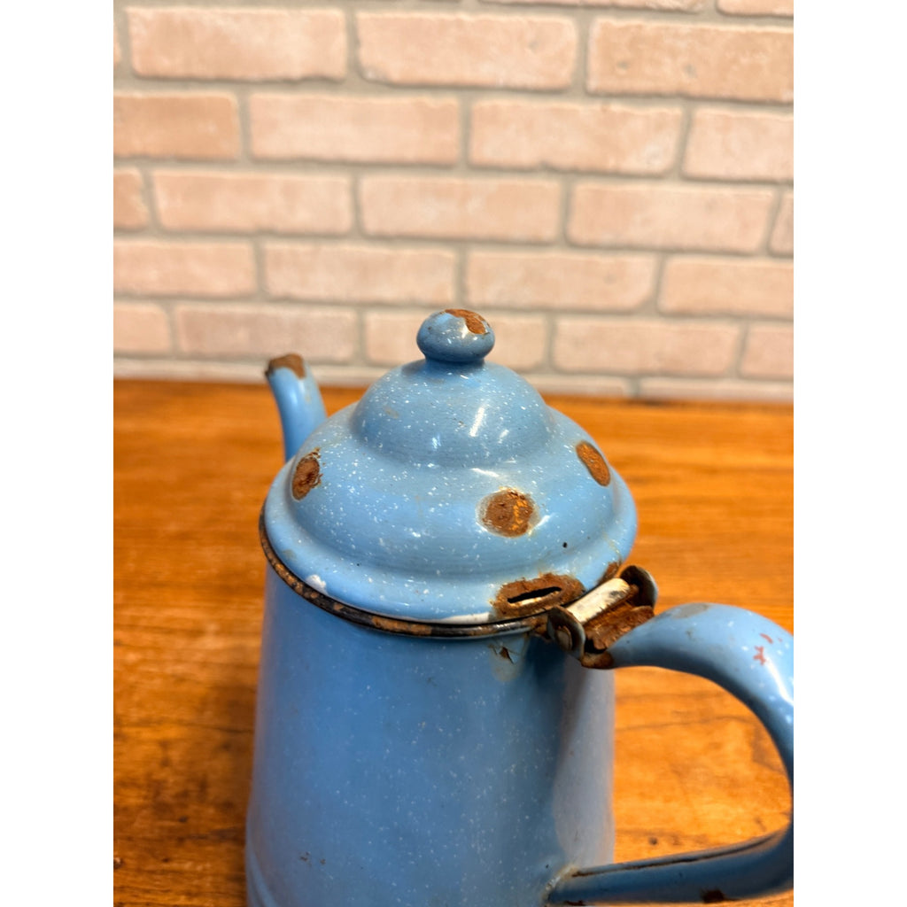 Antique Primitive Farmhouse Enamelware Blue Coffee Pot 10" White Speckled As-Is