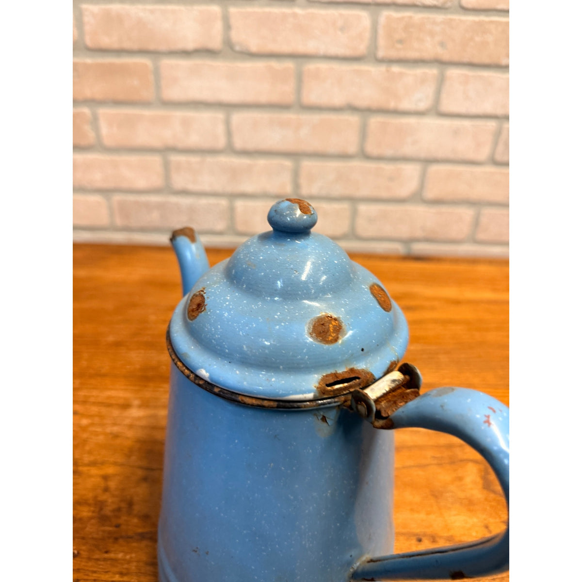 Antique Primitive Farmhouse Enamelware Blue Coffee Pot 10" White Speckled As-Is