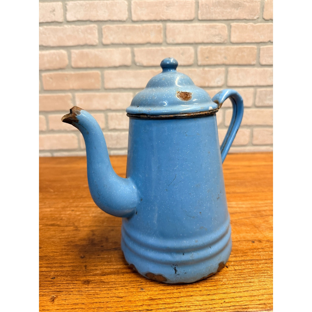 Antique Primitive Farmhouse Enamelware Blue Coffee Pot 10" White Speckled As-Is