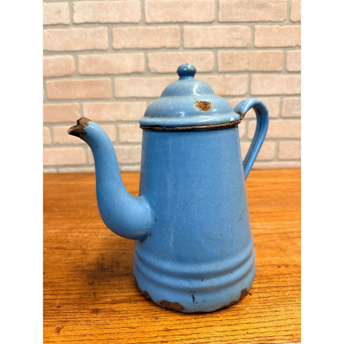 Antique Primitive Farmhouse Enamelware Blue Coffee Pot 10" White Speckled As-Is