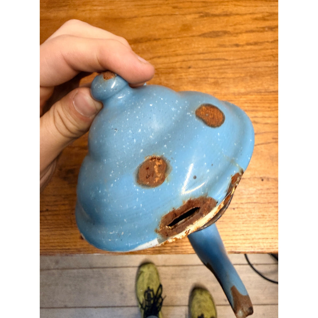 Antique Primitive Farmhouse Enamelware Blue Coffee Pot 10" White Speckled As-Is