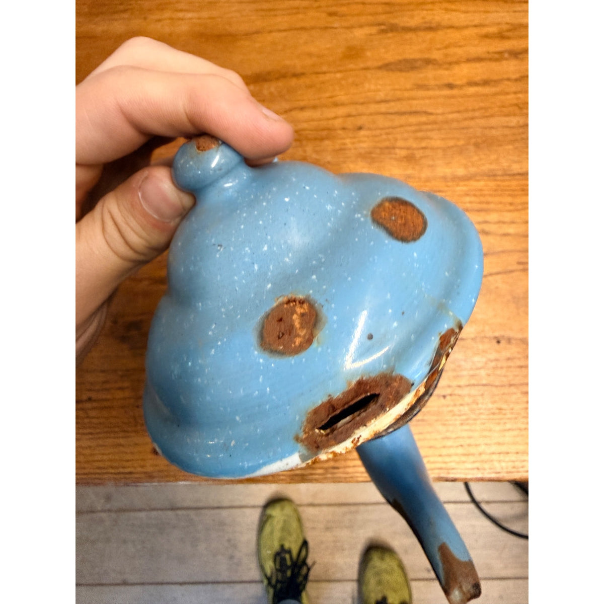 Antique Primitive Farmhouse Enamelware Blue Coffee Pot 10" White Speckled As-Is