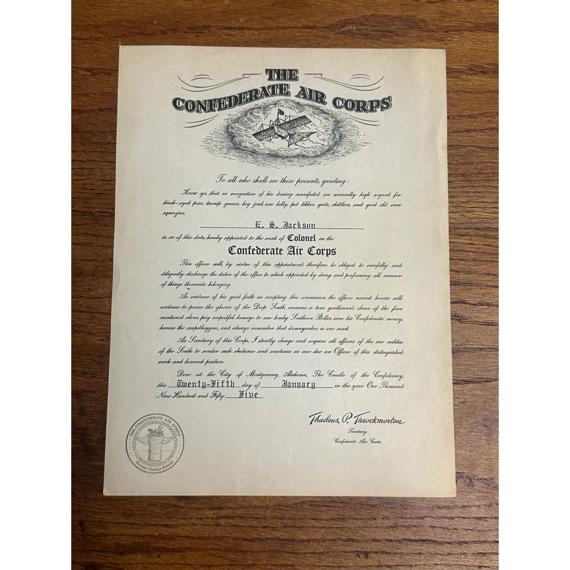 Vintage 1955 The Confederate Air Corps Document Issued To Colonel In Air Force