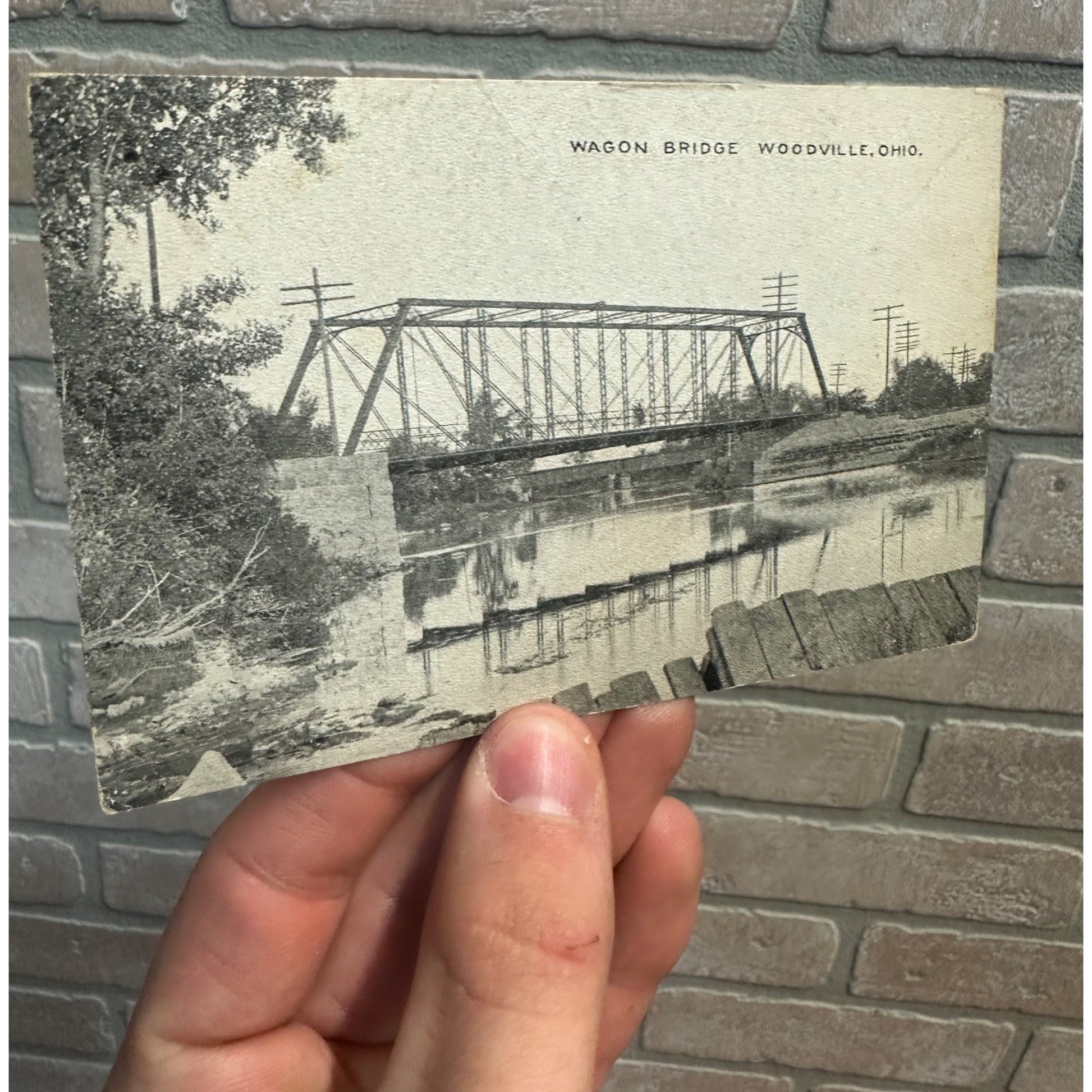Vintage Wagon Bridge River Woodville OH Ohio Postcard 1914
