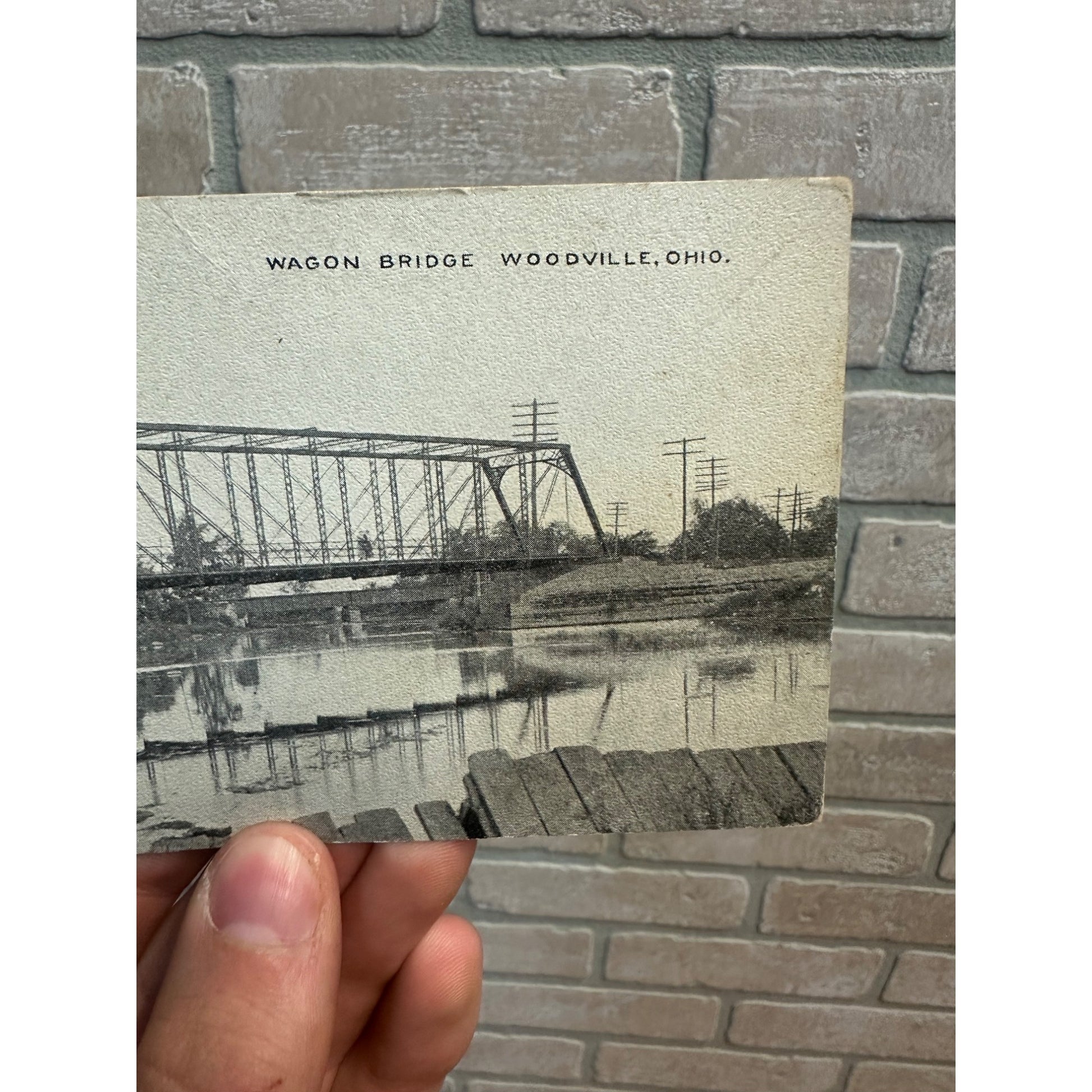 Vintage Wagon Bridge River Woodville OH Ohio Postcard 1914