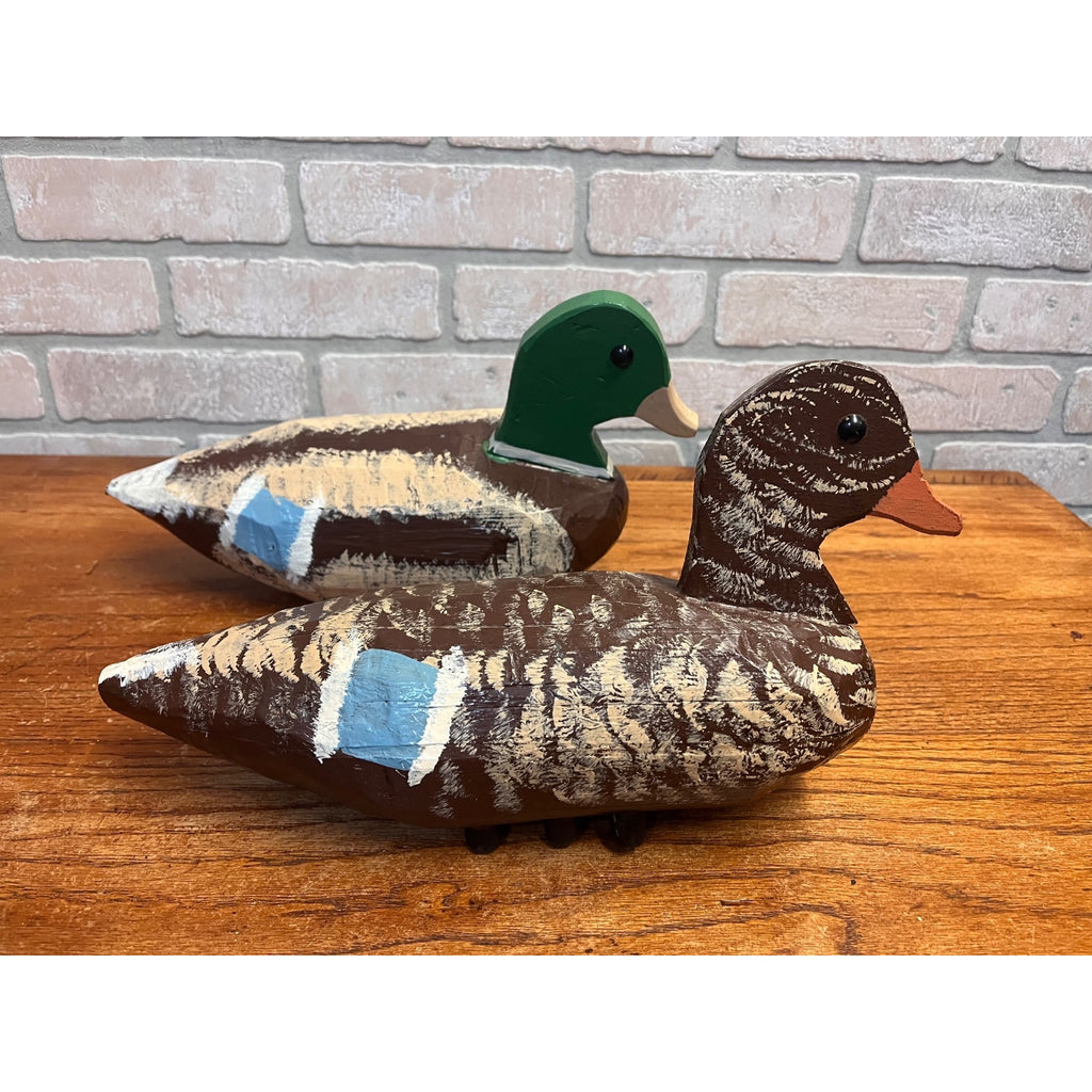 Vintage Wooden Duck Decoys Hand Carved & Painted Folky Mallard Hen Pair
