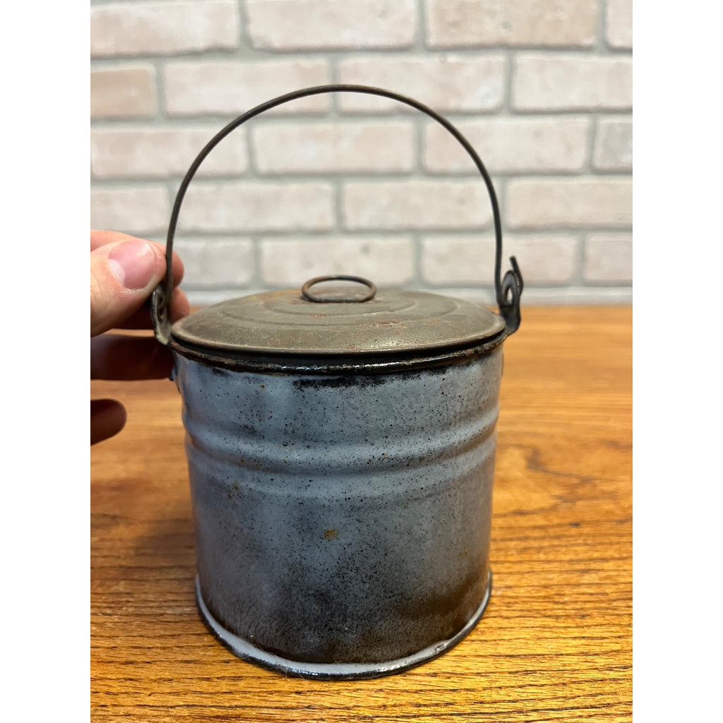 Antique Primitive Gray Enamel Graniteware Lidded Berry Bucket / Berry Pail / Farmhouse Decor/ Miniature