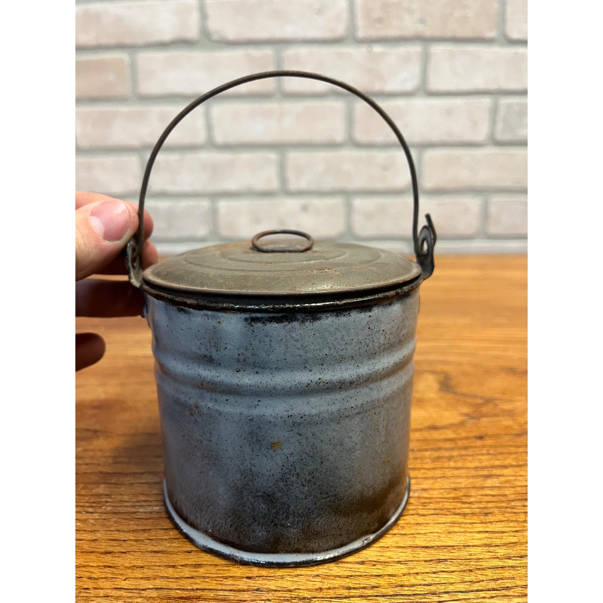 Antique Primitive Gray Enamel Graniteware Lidded Berry Bucket / Berry Pail / Farmhouse Decor/ Miniature