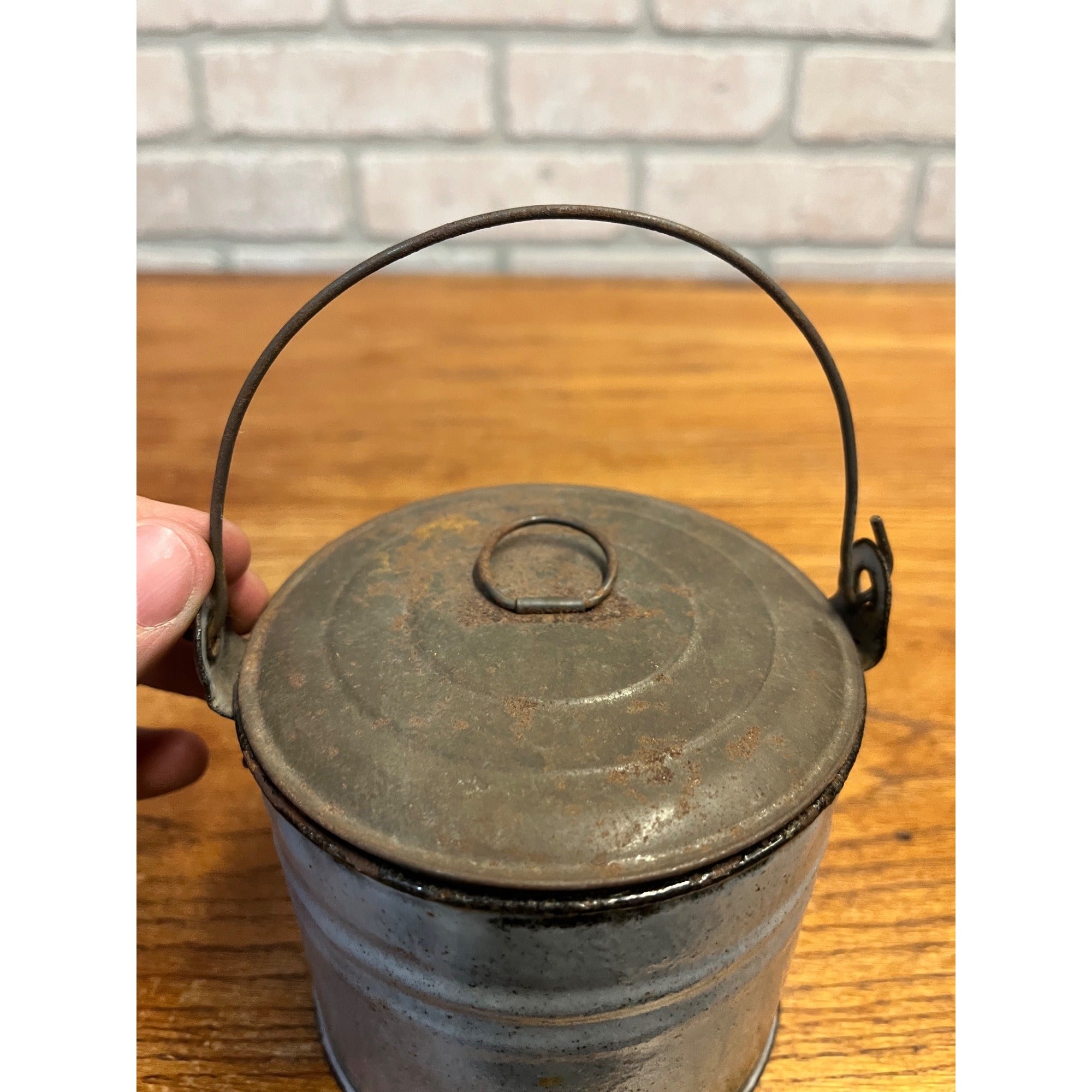 Antique Primitive Gray Enamel Graniteware Lidded Berry Bucket / Berry Pail / Farmhouse Decor/ Miniature